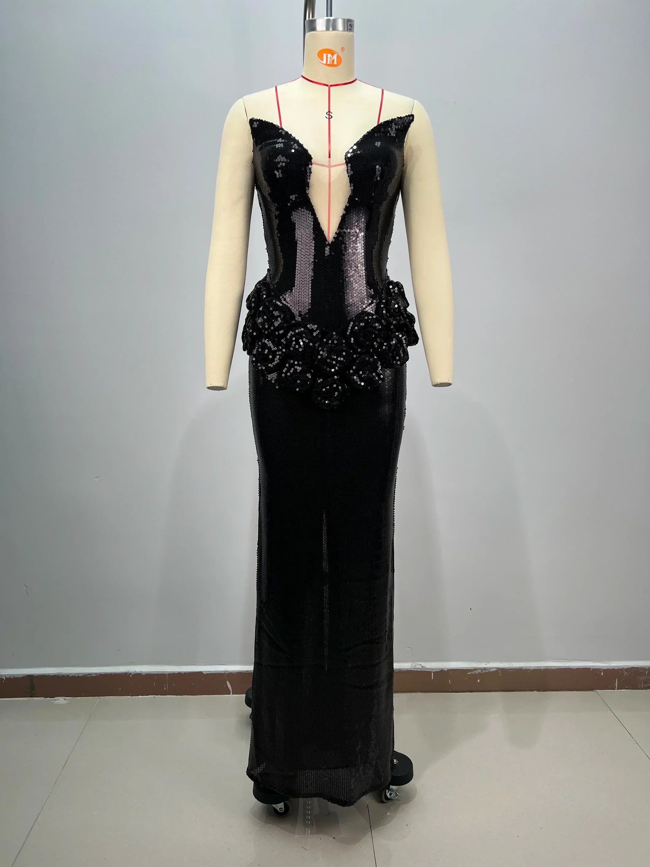 Luxury Haute Couture Sexy V-Neck Black Shining Sequins Floor Length Dress Woman Birthday Party Dress Red Carpet Goddess Vestido
