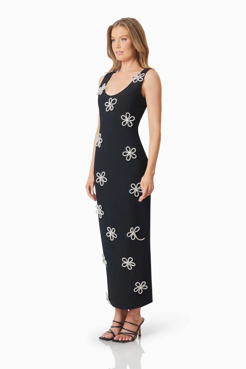 Women Sleeveless Sexy O-Neck Diamond Flowers Bodycon Long Bandage Dress Celebrate Evening Party Office Lady Outfit