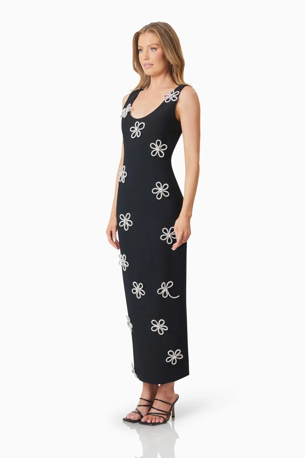 Women Sleeveless Sexy O-Neck Diamond Flowers Bodycon Long Bandage Dress Celebrate Evening Party Office Lady Outfit
