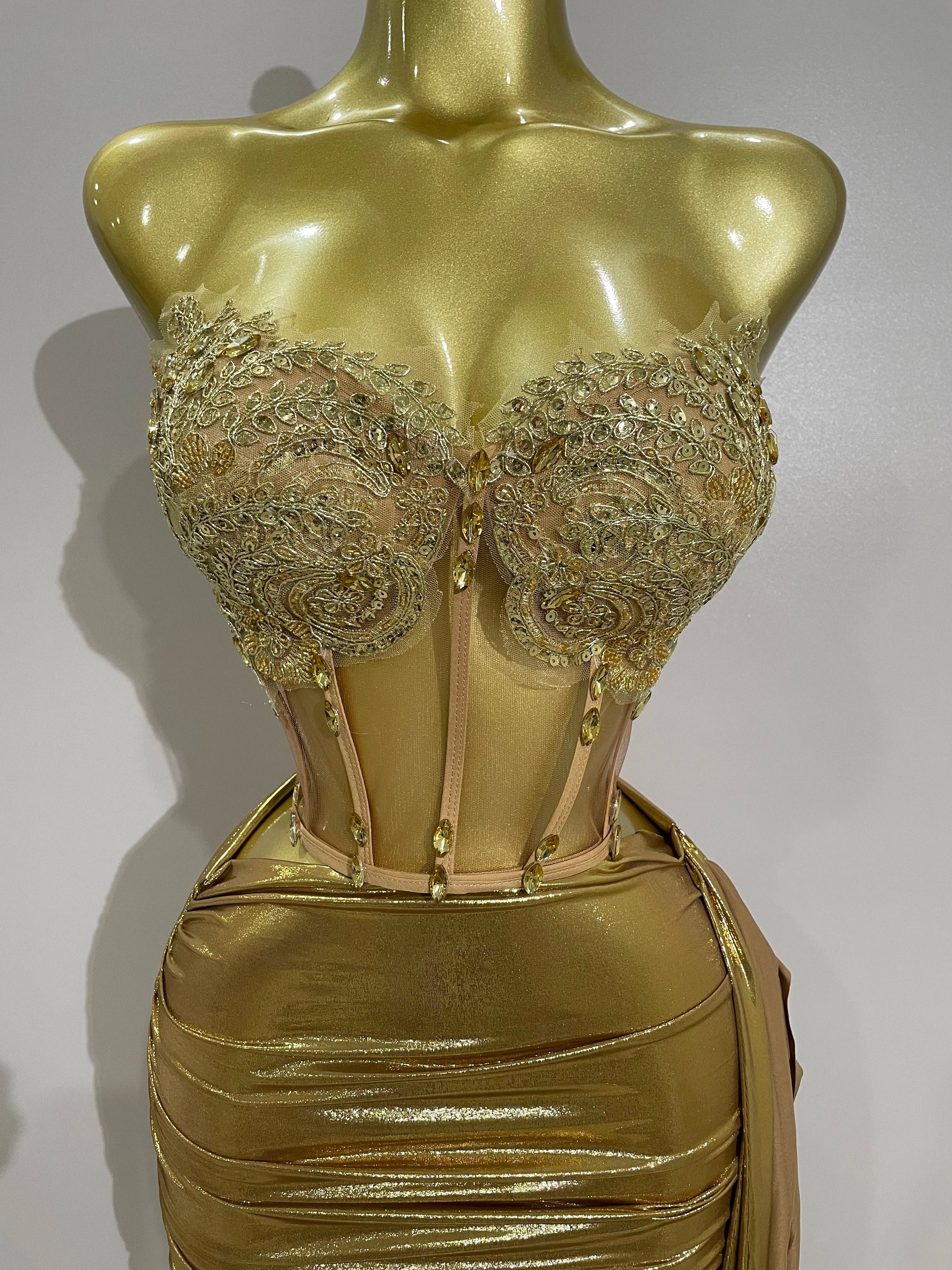 Sparkly Gold Sexy Top Two Pieces Short Skirt Set  Women Celebrate Birthday Dress Party NightClub Dancer Show Stage Outfit