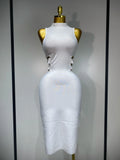 Women Sexy Turtleneck White Cut Out Midi Bodycon Bandage Dress White Elegant Evening Party Dress Luxury Birthday Dress WHITE
