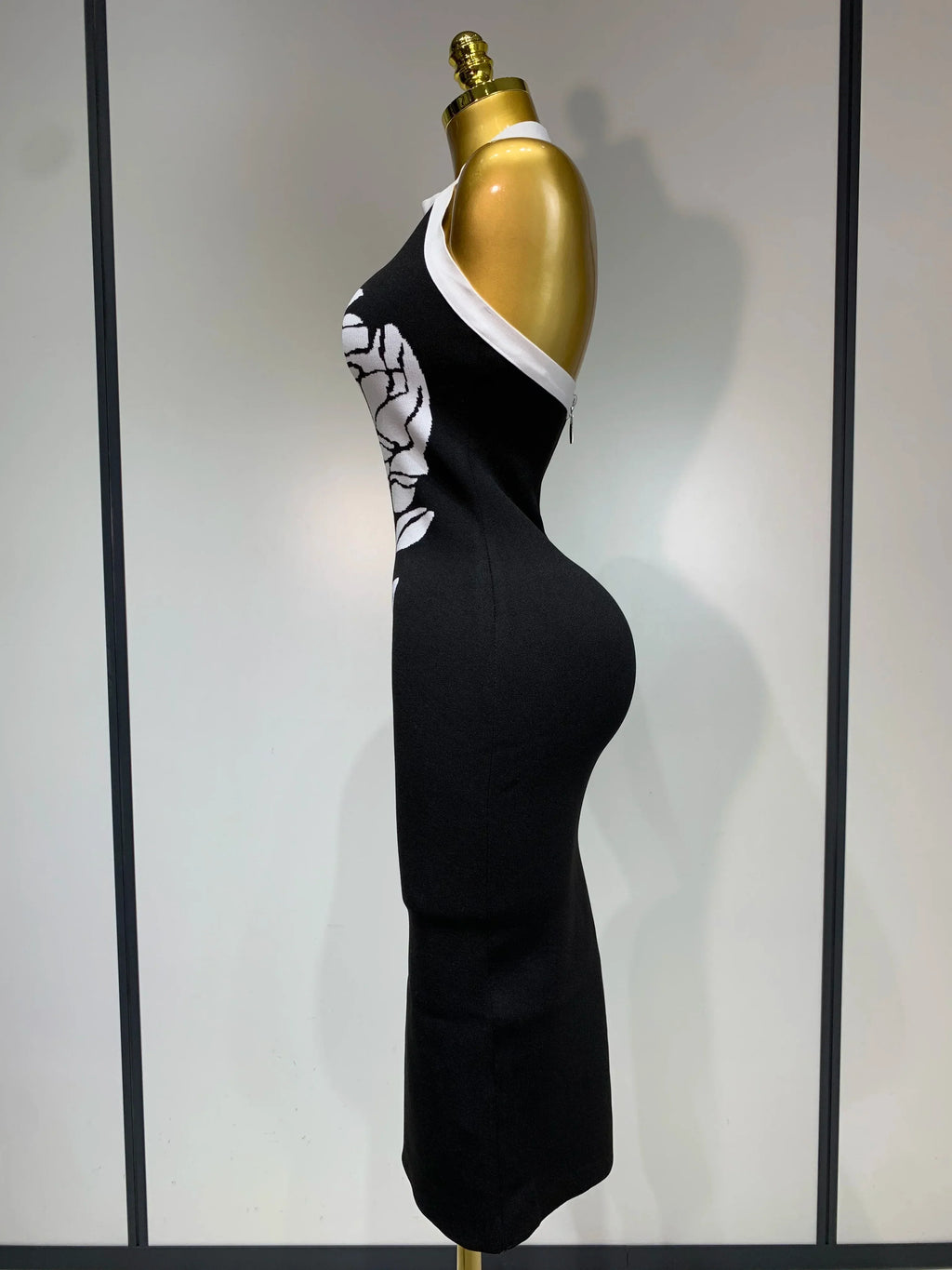 Women Fashion Celebrity Sexy Backless Rose Flower Midi Black Jacquard Bandage Dress  Elegant Evening Club Party Dresses