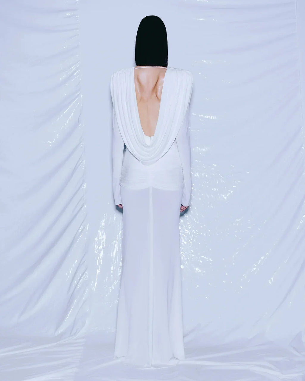 White Color Women Long Sleeve Sexy V-Neck Draped Bodycon Long Dress Fashion Celebrate Evening Party Birthday Outfit