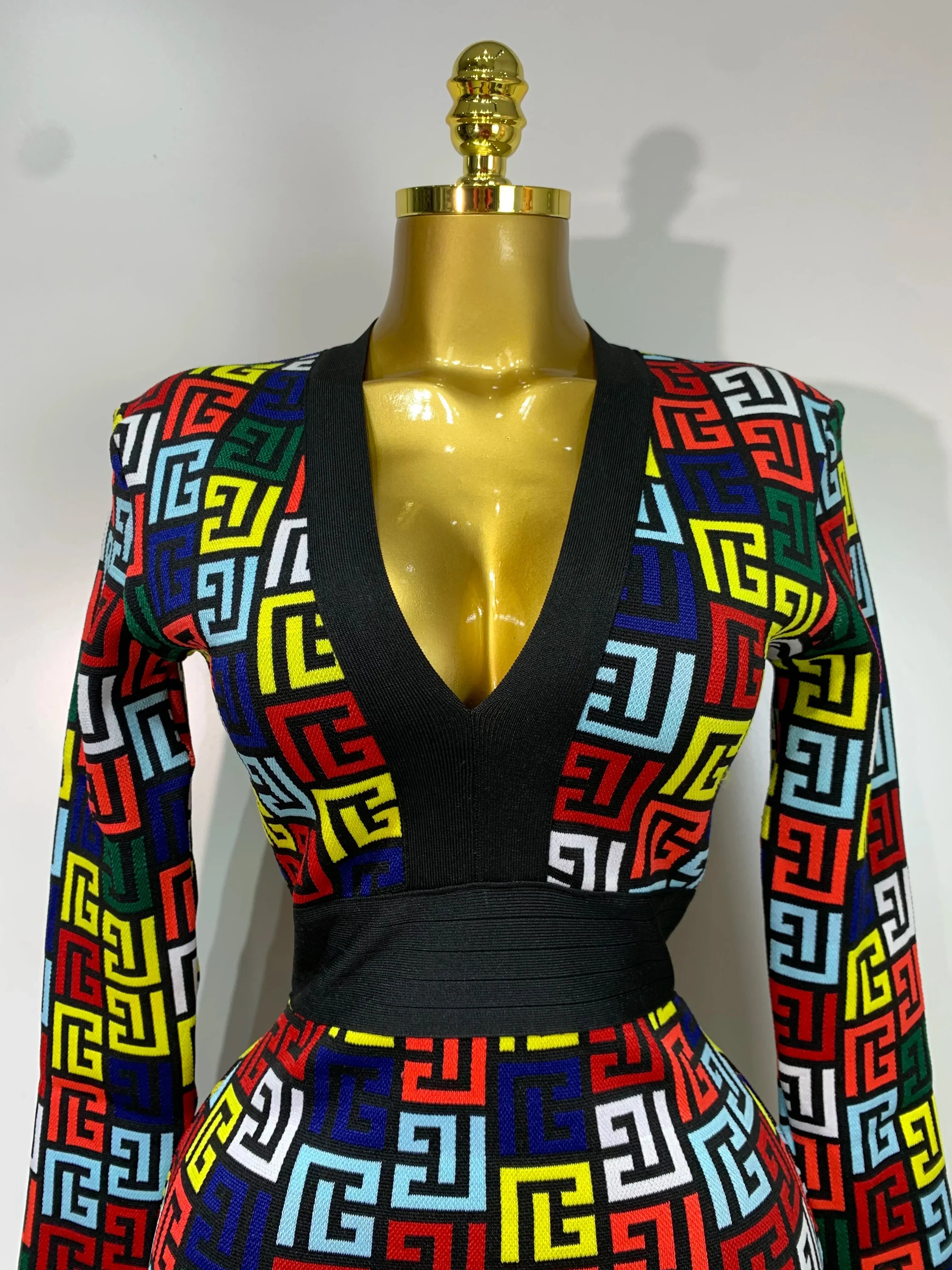 Women Long Sleeve V-Neck Bodycon Jacquard Short Bandage Dress  Elegant Evening Luxury Birthday Party Cocktail Outfit