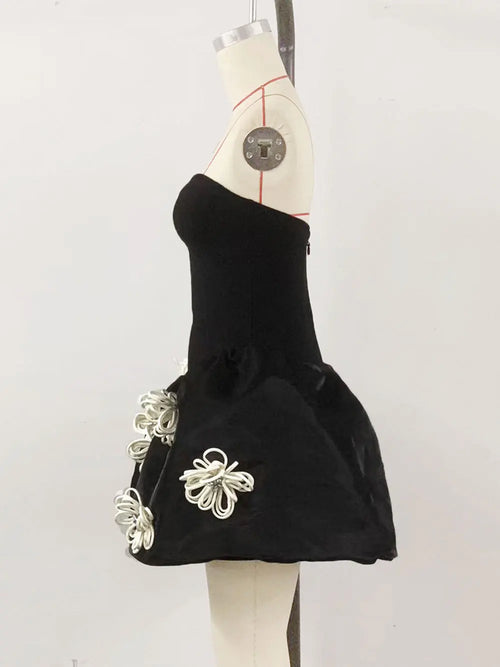 2024 Sexy Women's 3D Flower Decorative Puff Dress Strapless Sleeveless Backless A-line Mini Dress Cocktail Evening Party Vestido