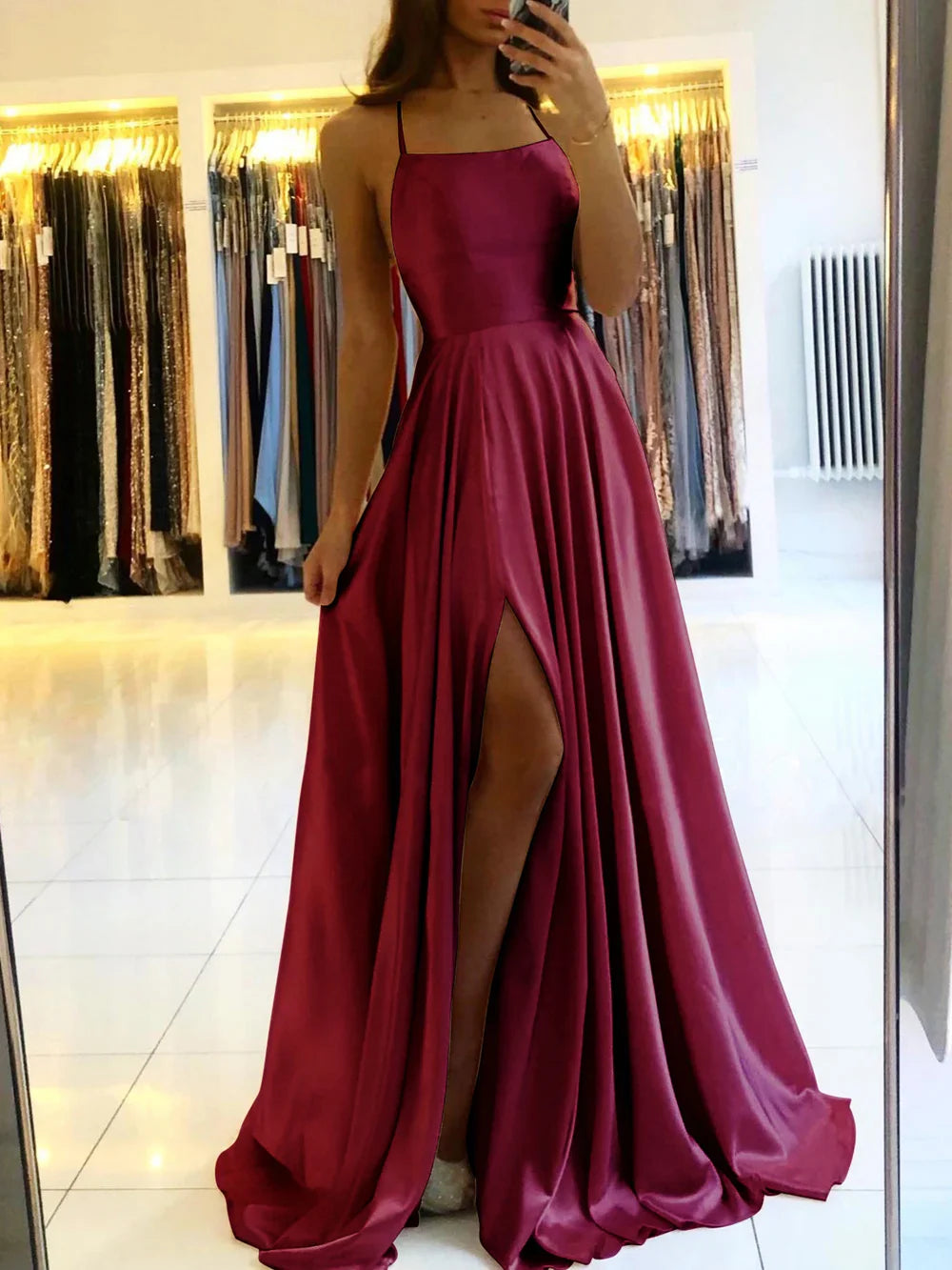 Blue Satin Spaghetti ALine Prom Dress
