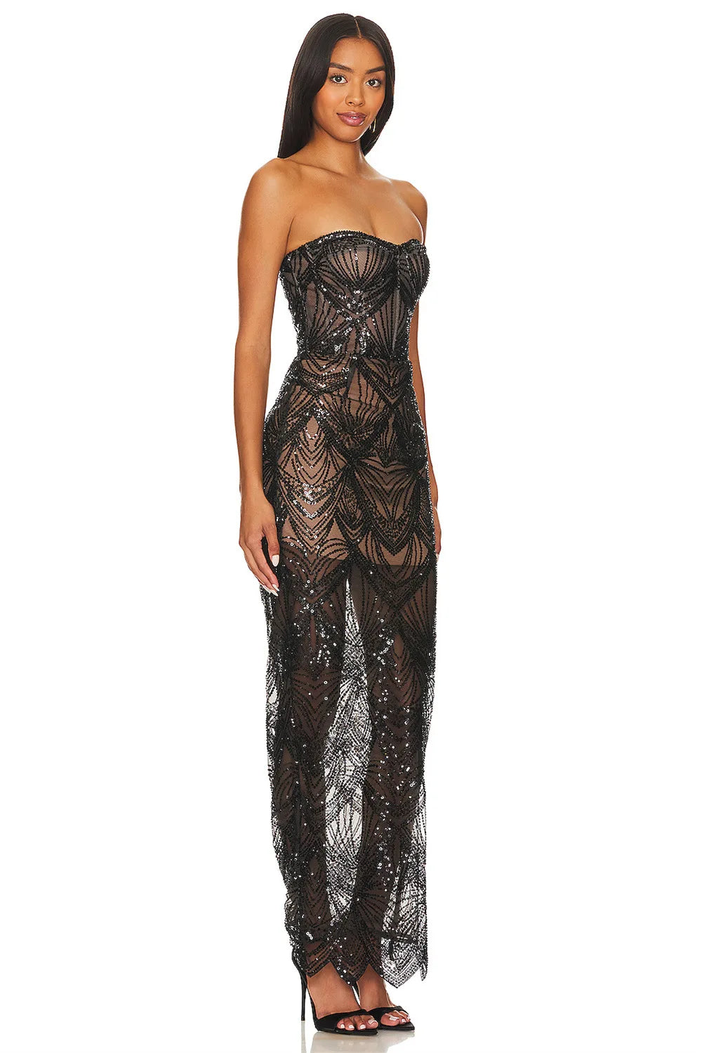 Shining Black Sequins Sexy Mesh See Through  Straplerss Ankle Length Dress Woman Birthday Party Dress Celebrity Party Vestido