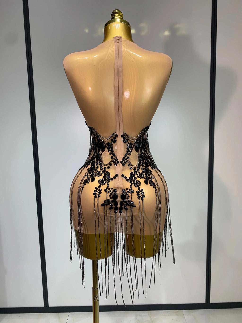 Luxury Rhinestones Chain Sleeveless Mini Dress Celebrity Elegant Sexy Performance Dance Nightclub Outfit Birthday Party Dress