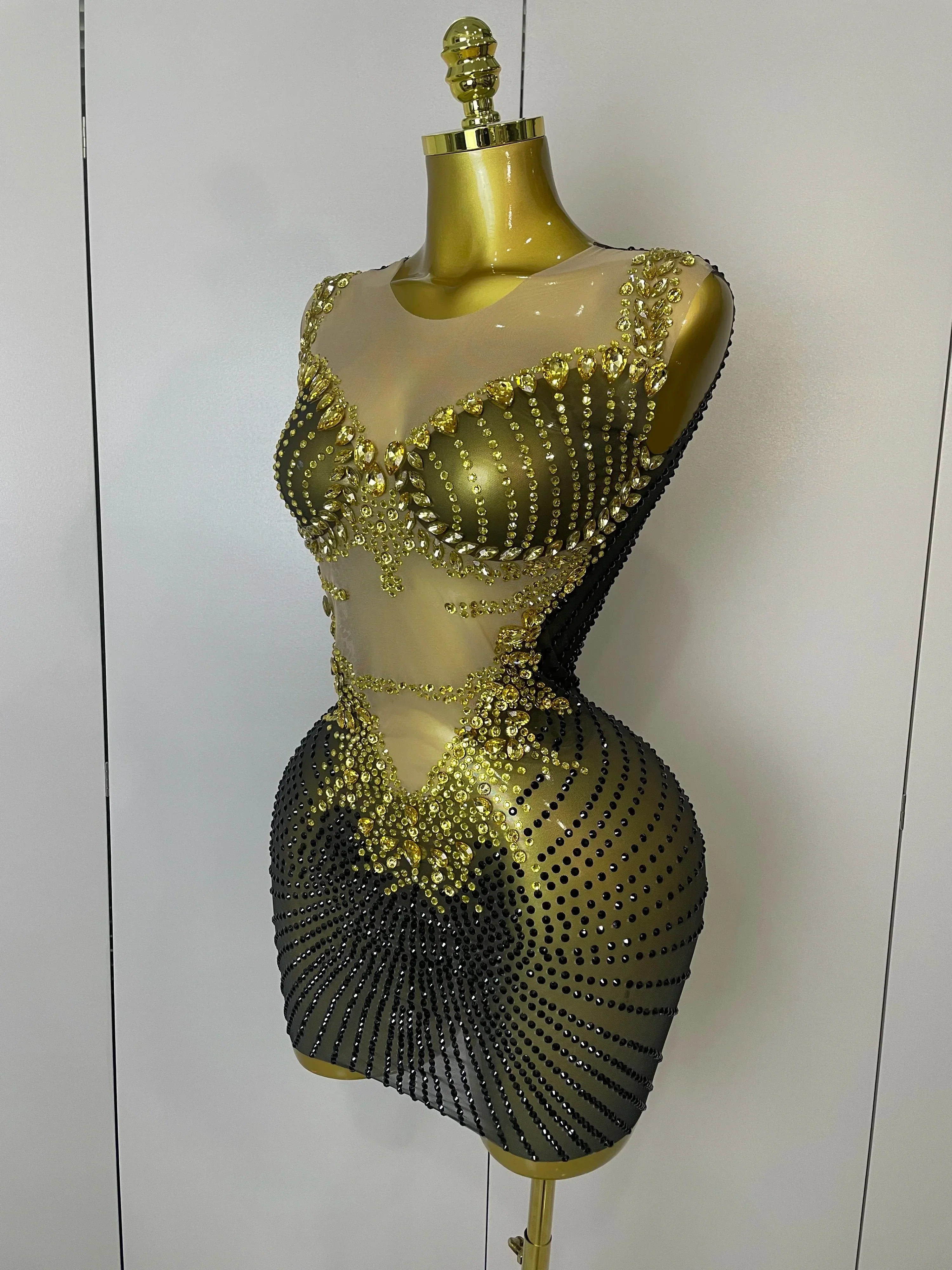 Sparkly Gold Rhinestone Transparent Sleeveless Mini Dress Evening Birthday Celebrate Party Nightclub Performance Costume