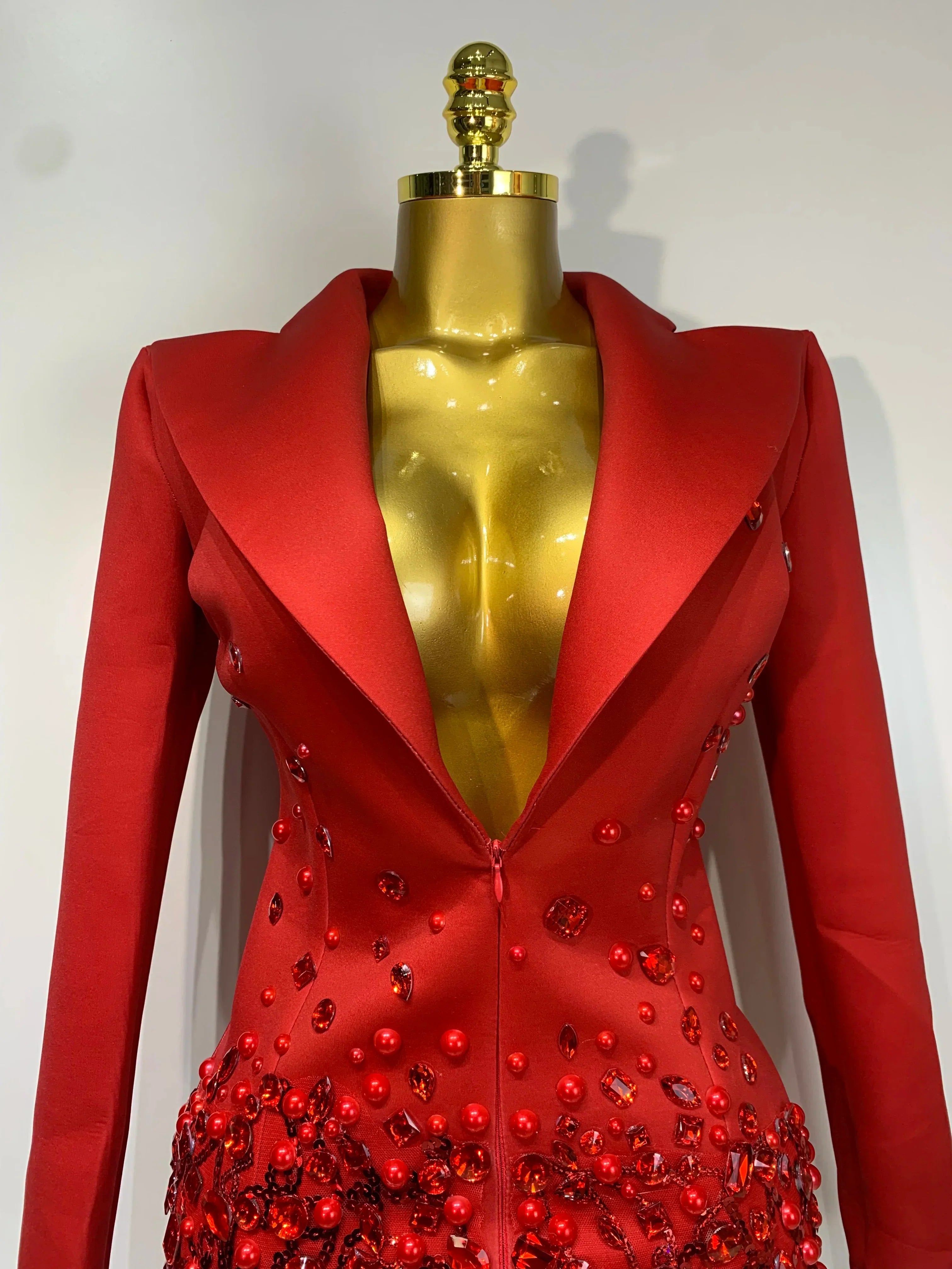 Luxury Rhinestone Deep V-Neck Slim Fit Red Suit Dress  Fashion Celebirty Elegant Evening Club Party Dresses