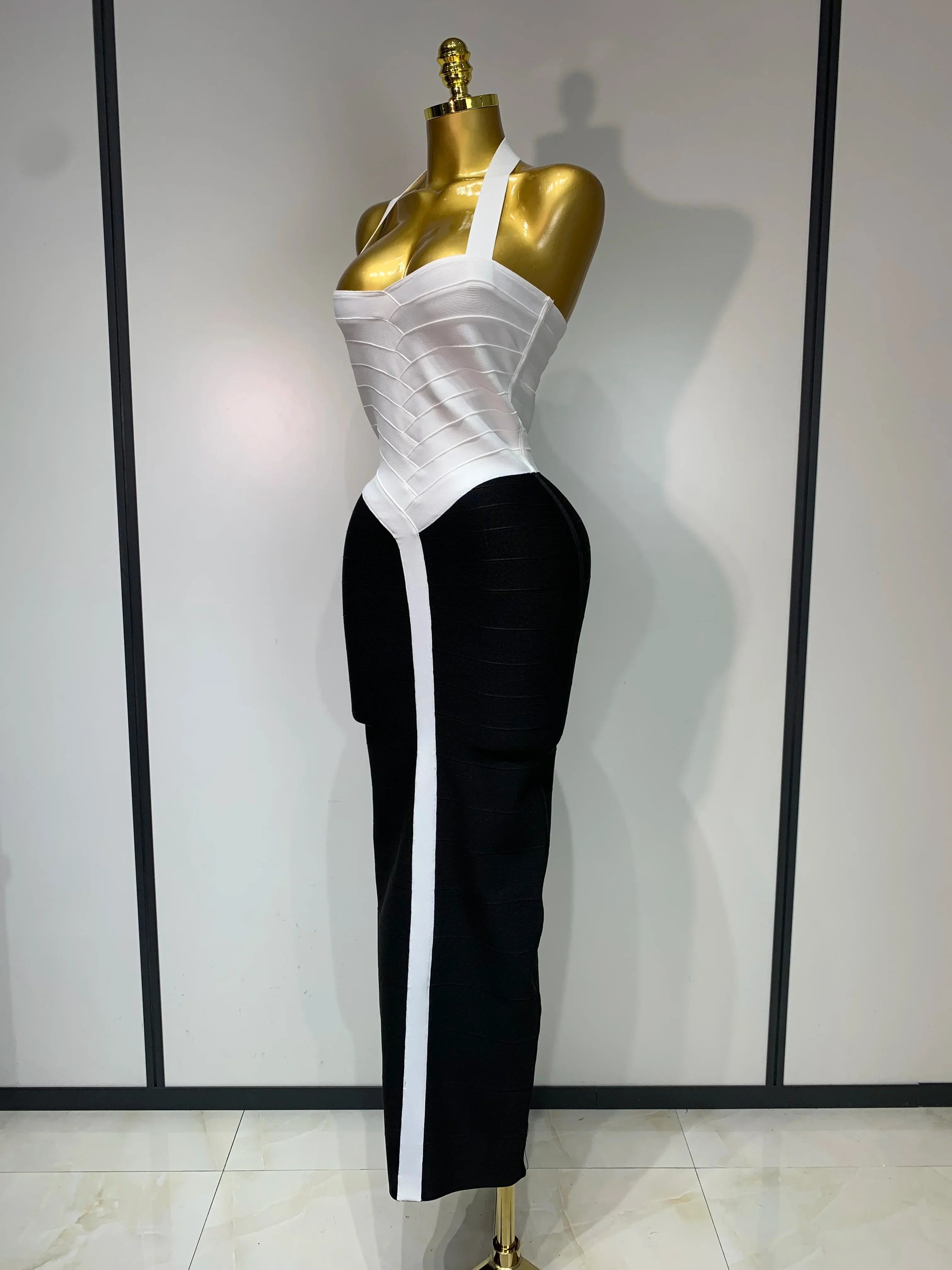 Women Sexy Halter Whiter Black Patchwork Bodycon Bandage Dress Celebrity Elegant Evening Party Club Luxury Birthday Dresses