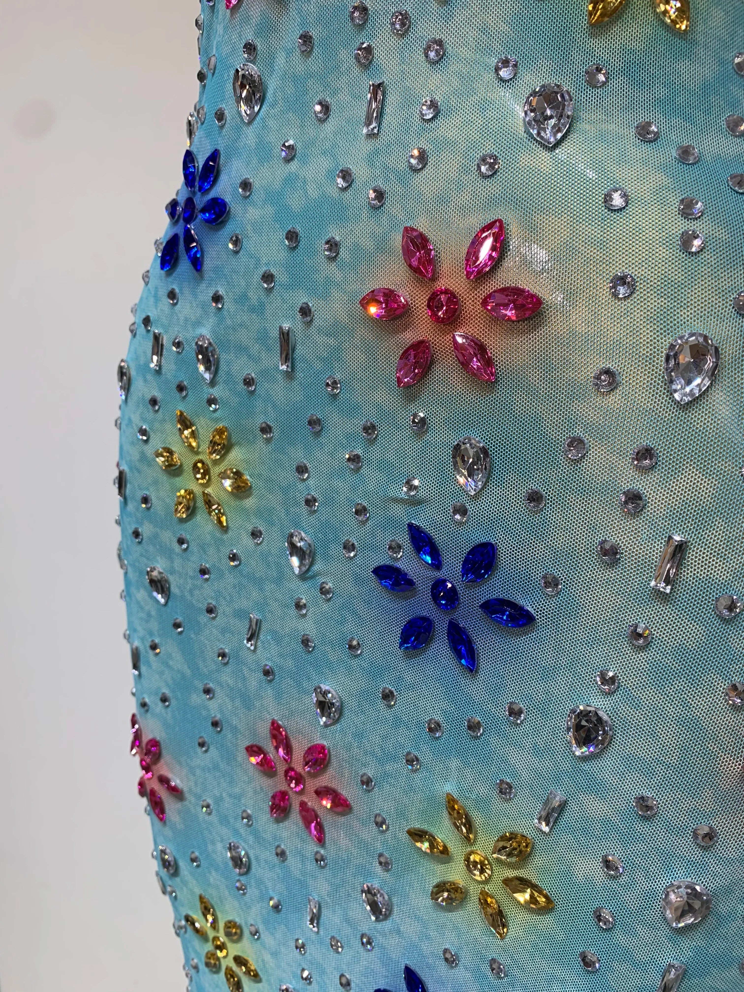 Newest Sexy Mesh High Split Sparkly Diamonds See Through Dress Luxury Birthday Dress Women Celebrate Party Stage Outfit