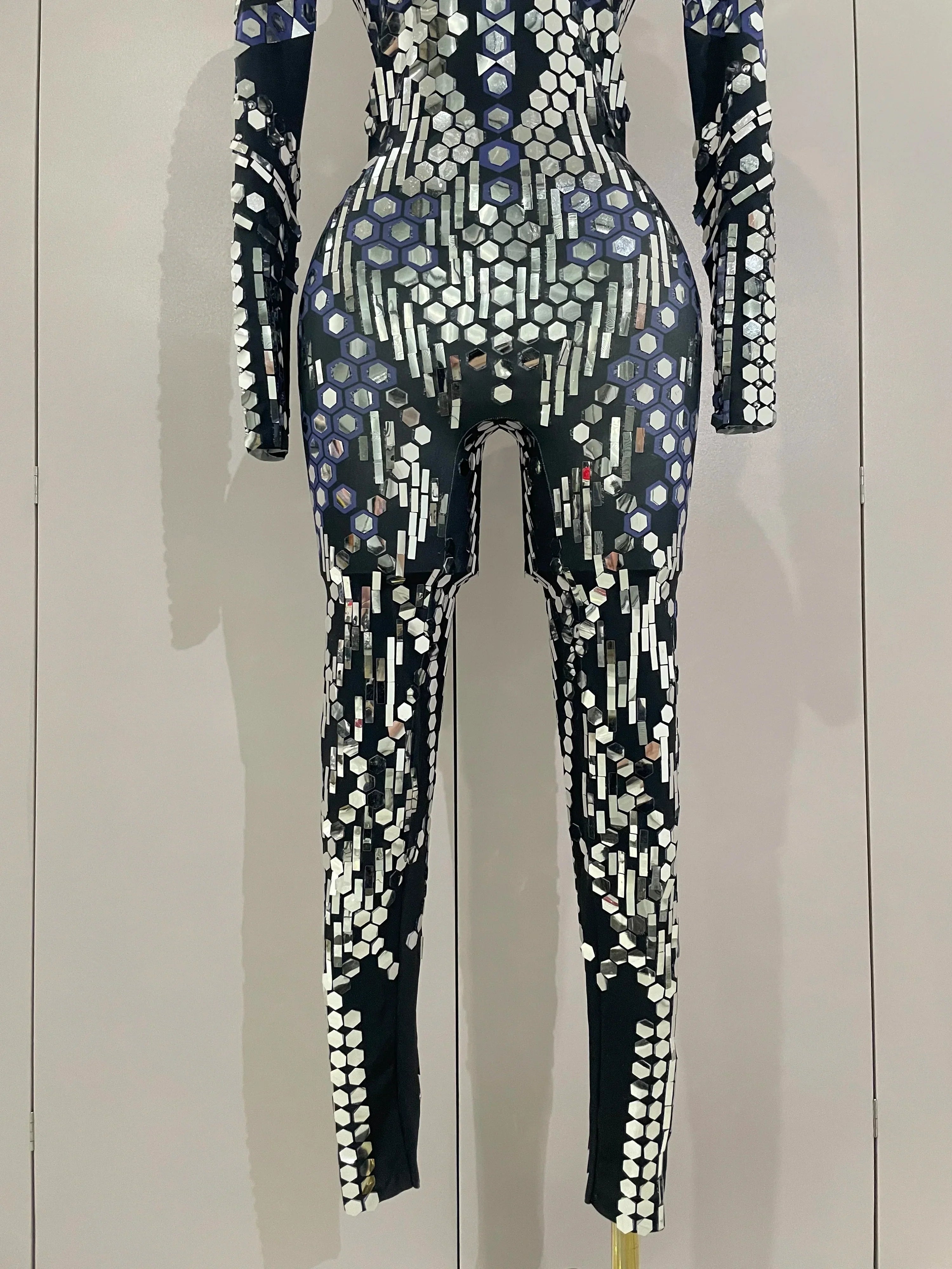 Sexy Shiny Silver Sequins Mirror Black Spandex Jumpsuit  Women Prom Dancer Singer Costume Evening Birthday Show Stage Outfit
