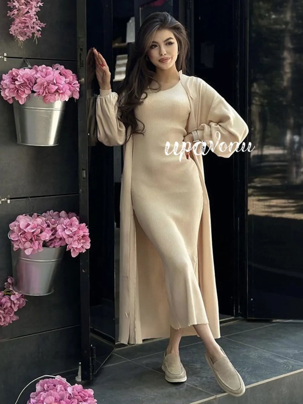 Casual Solid Knitted Sweater Long Dress Set Women Long Sleeve Loose Long Cardigan Coat&Sleeveless Mid length Dress Two Piece Set