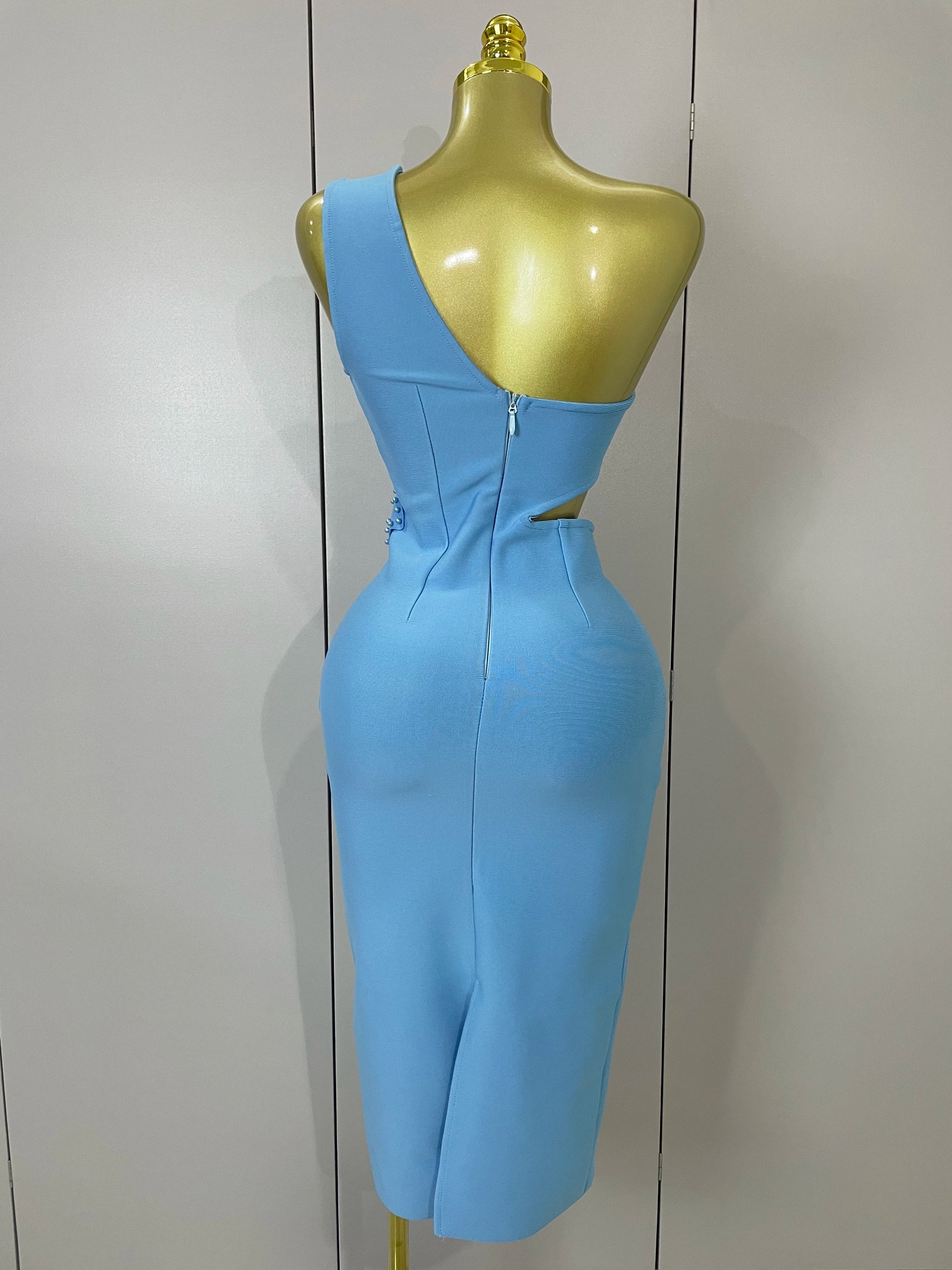 Luxury Sexy One Shoulder Pearl Sky Blue Bodycon Bandage Dress  Women Celebrity Elegant Evening Club Birthday Party Outfit