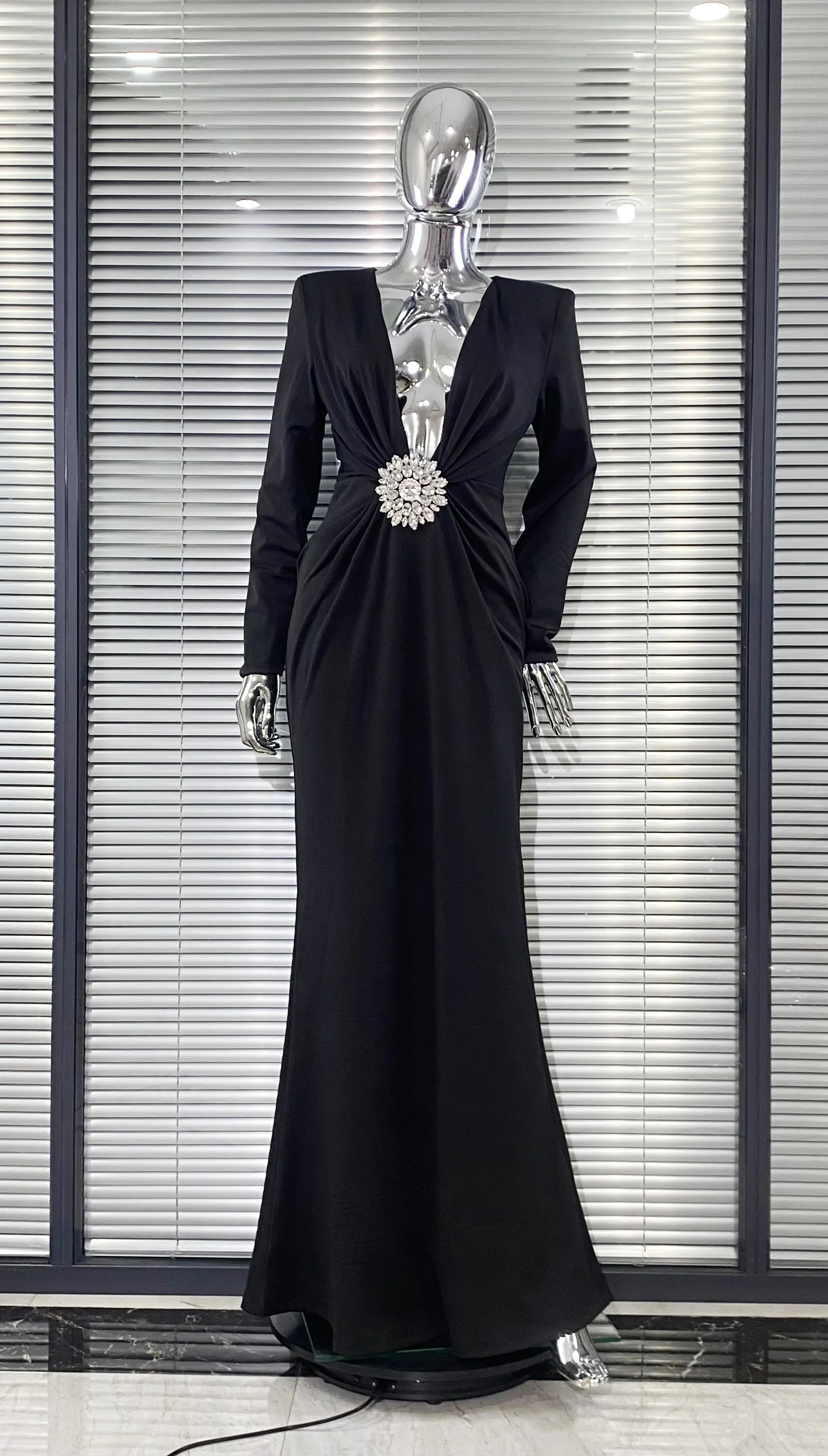 Black Red White Women Long Sleeve Sexy Deep V-Neck Bodycon Long Dress Elegant Evening Party Celebrate Birthday Outfit Vestido black
