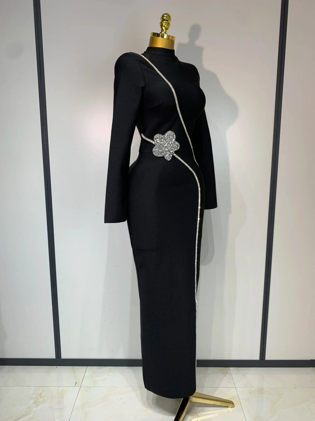 Fashion Designer Party Dress Women's Formal Long Sleeve Diamonds Bodycon Bandage Dress Elegant Luxury Birthday Gown
