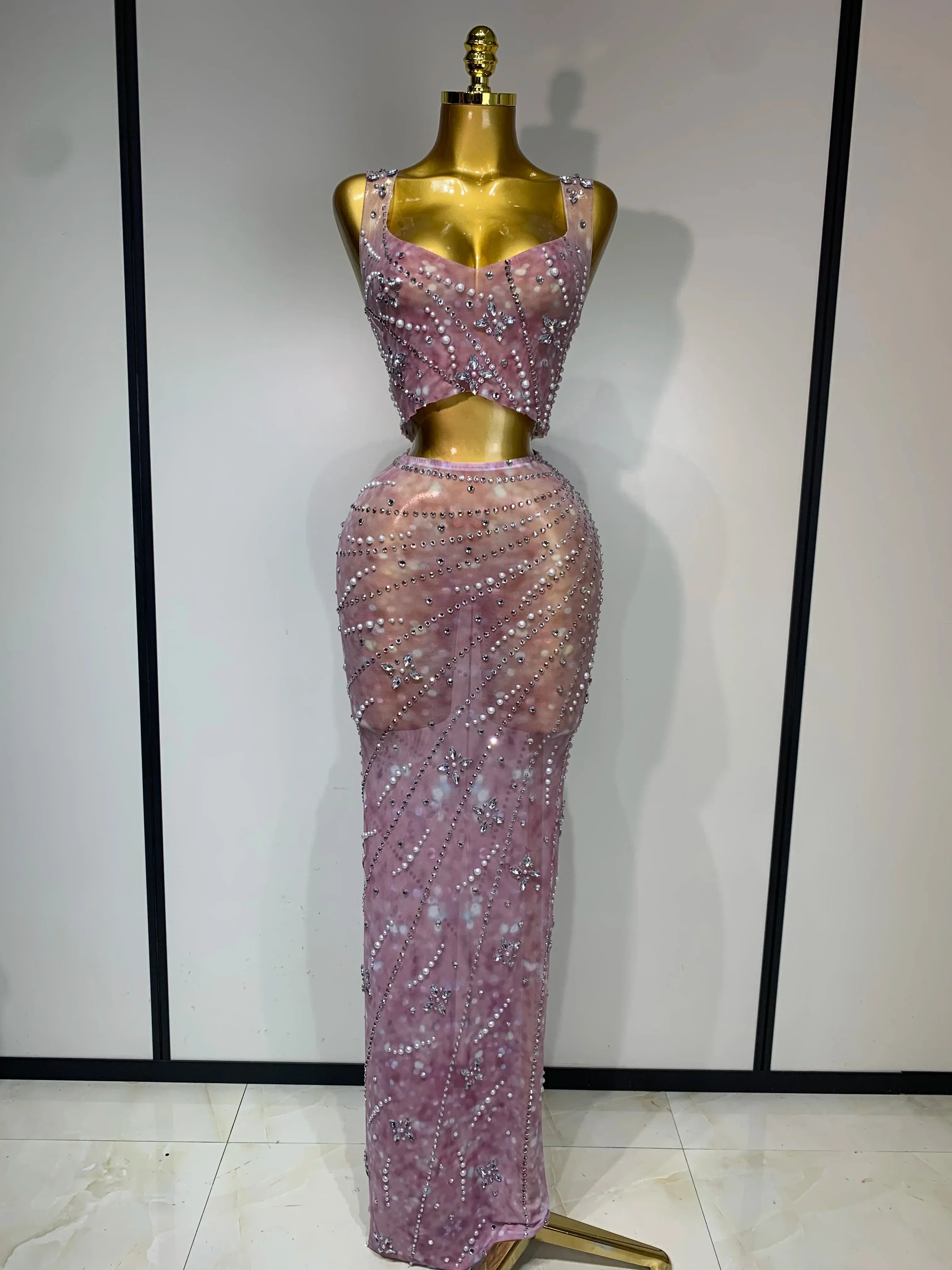 Sparkly Rhinestones Top Long Skirt Two Pieces Set Women Celebirty Luxury Birthday Dress Nightclub Stage Performance Costume Pink