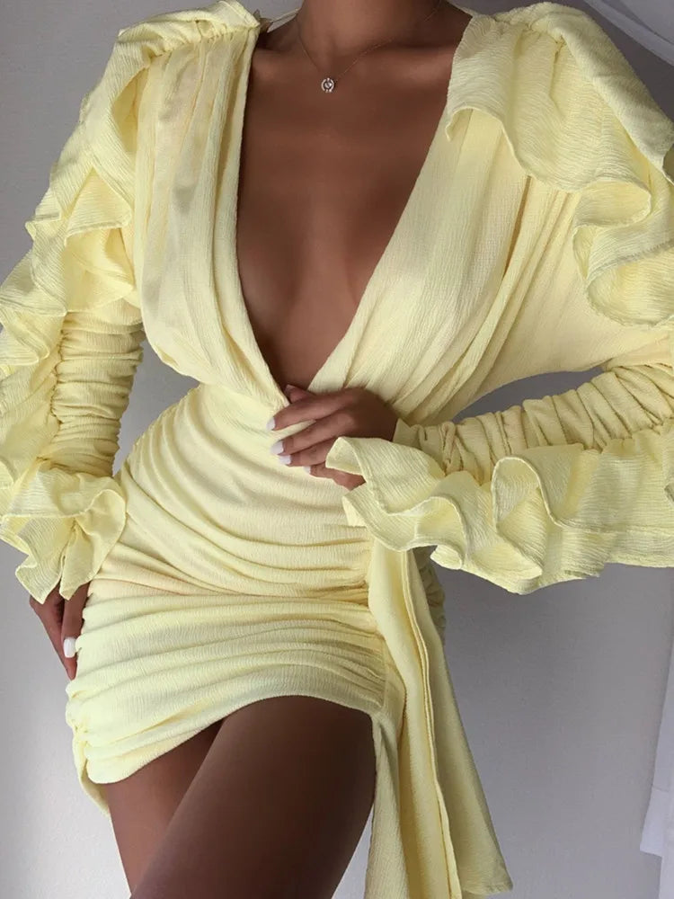 New Yellow Green Women Butterfly Sleeve Sexy Deep V-Neck Bodycon Mini Dress Fashion Nightclub Party Dress