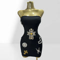 Summer Luxury Diamonds Cross Strapless Sheath Black Bandage Mini Dress Fashion Woman Party Dress Music Festival Outfit black
