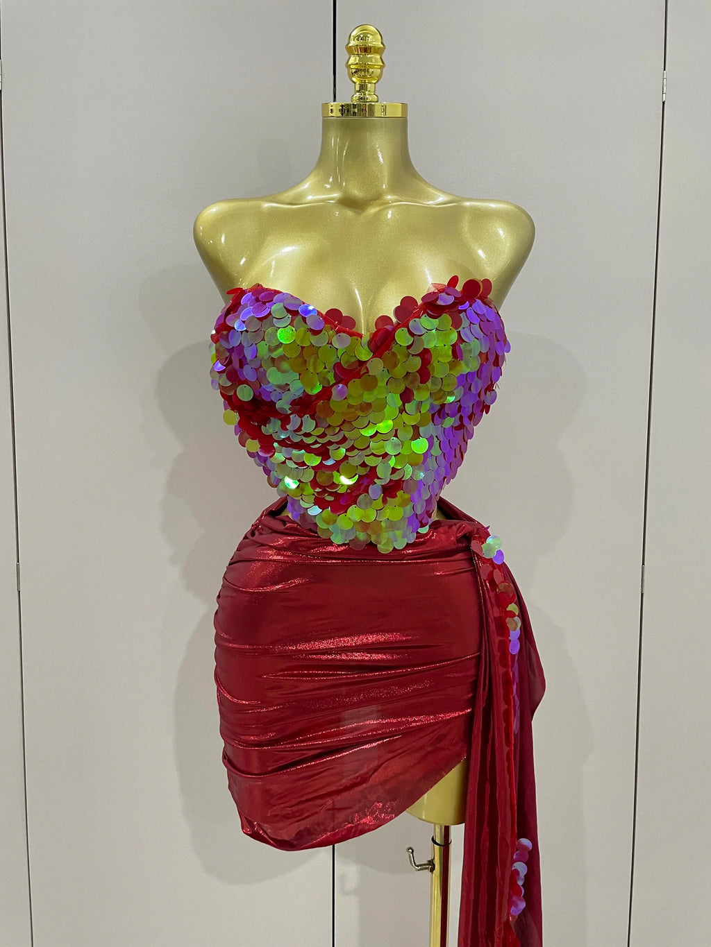 Sexy Pink Sequin Strapless 2 Pieces Bodycon Mini Dress Women Celebrate Birthday Party Bar Singer Nightclub Stage Costume Red