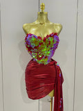 Sexy Pink Sequin Strapless 2 Pieces Bodycon Mini Dress Women Celebrate Birthday Party Bar Singer Nightclub Stage Costume Red