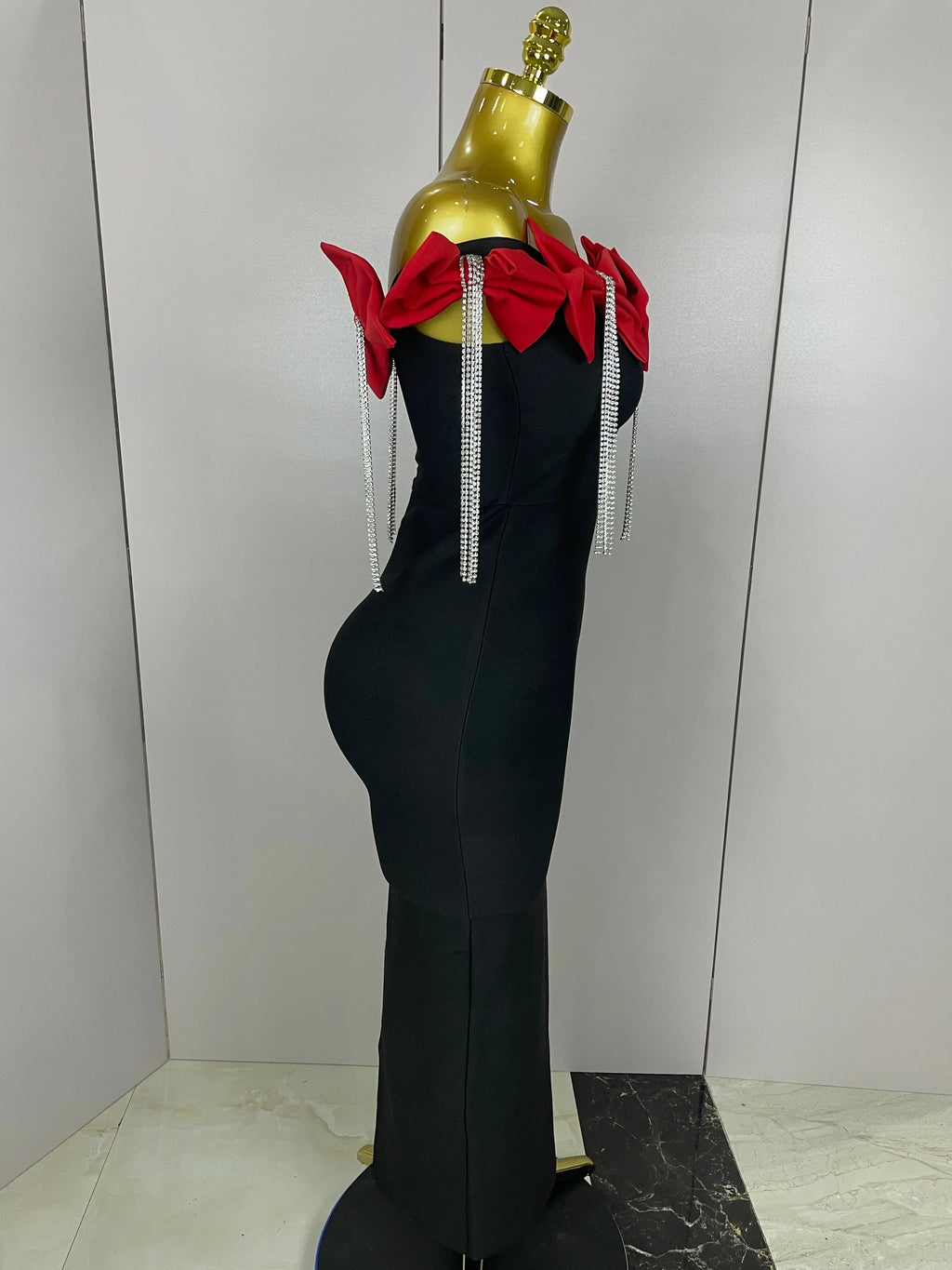 Women Celebrity Sexy Off Shoulder Flower Diamonds Black Bow Tie Maxi Long XL Bandage Dress Elegant Evening Club Party Dress