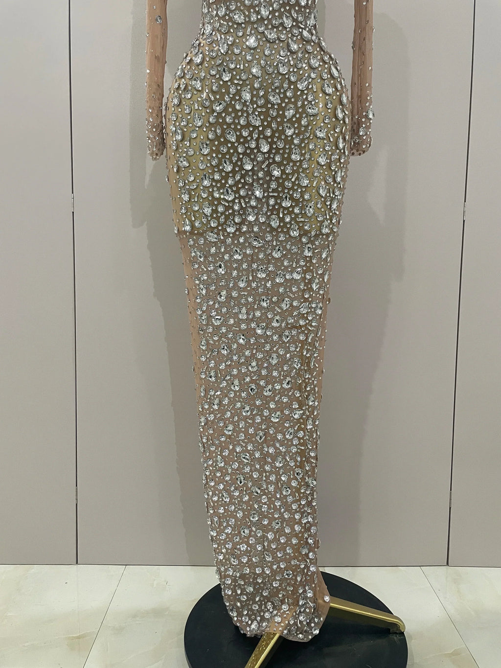 Sparkly Silver Big Rhinestone Sexy Transparent Long Dress  Women Evening Birthday Party Celebrate Club Dancer Stage Costume