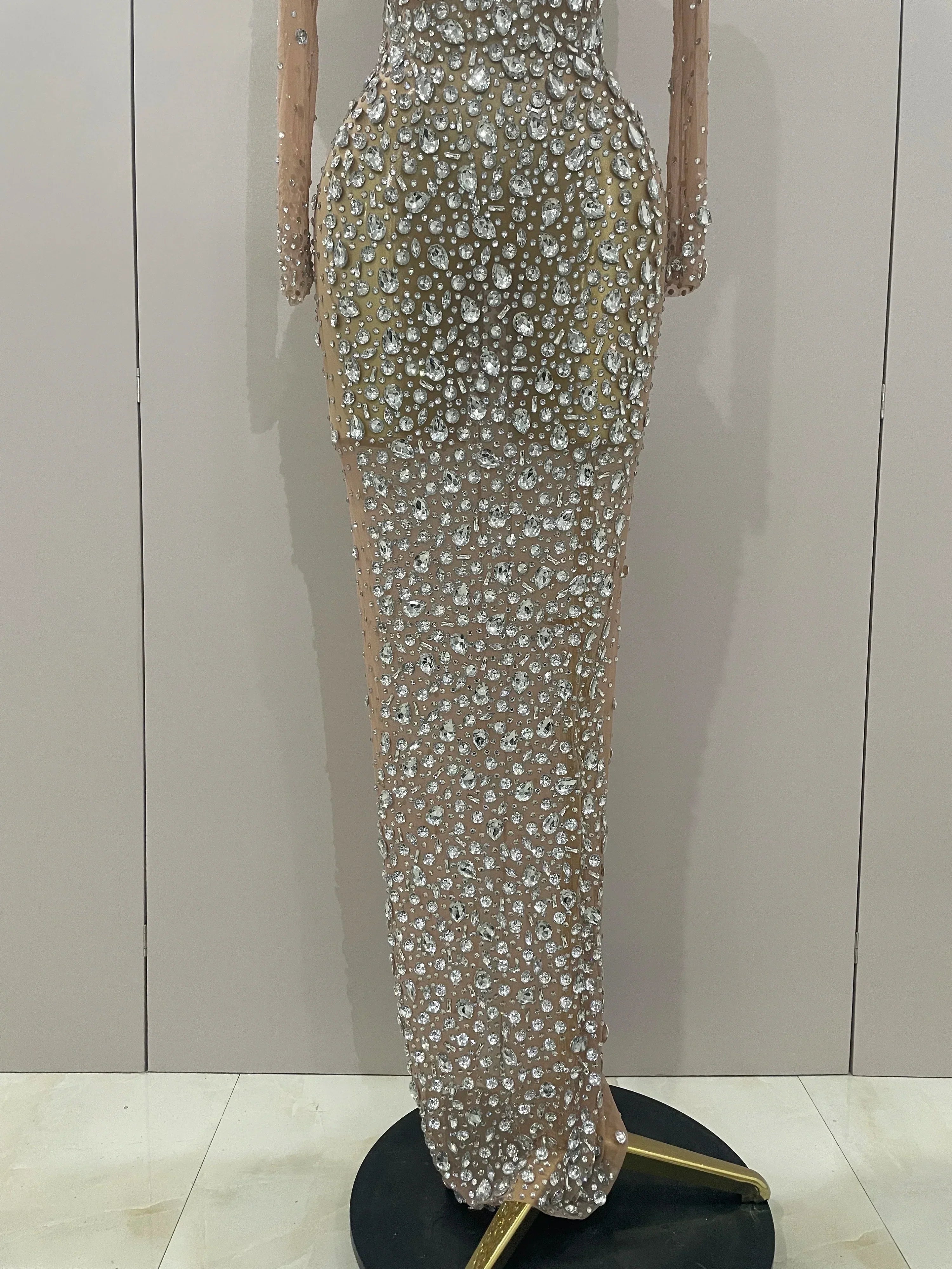 Sparkly Silver Big Rhinestone Sexy Transparent Long Dress  Women Evening Birthday Party Celebrate Club Dancer Stage Costume