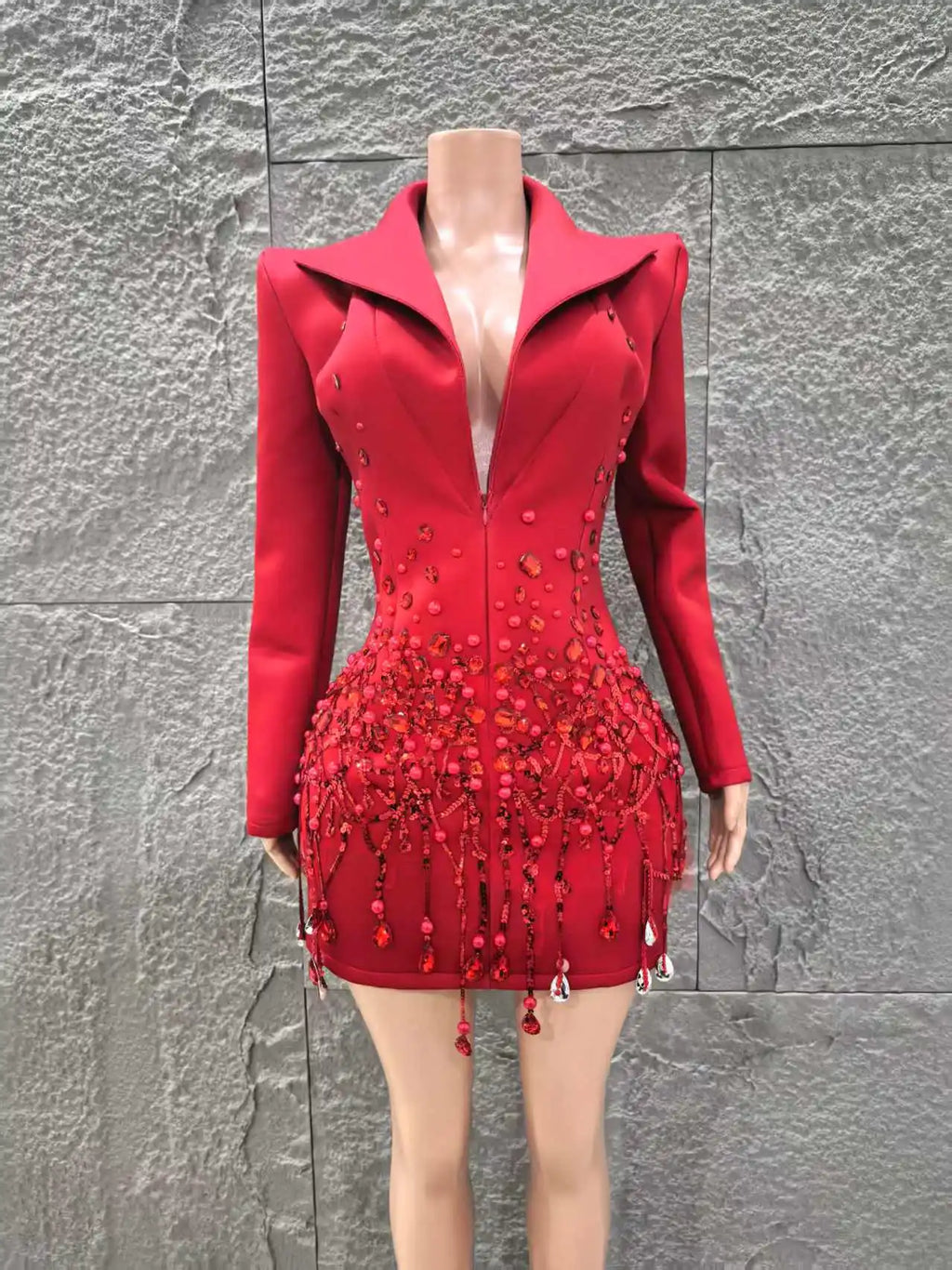 Women Long Sleeve Sexy Deep V-Neck Bodycon Blazer Dress Shinning Sequins Celebrate Nightclub Bar Singer Stage Wear Red
