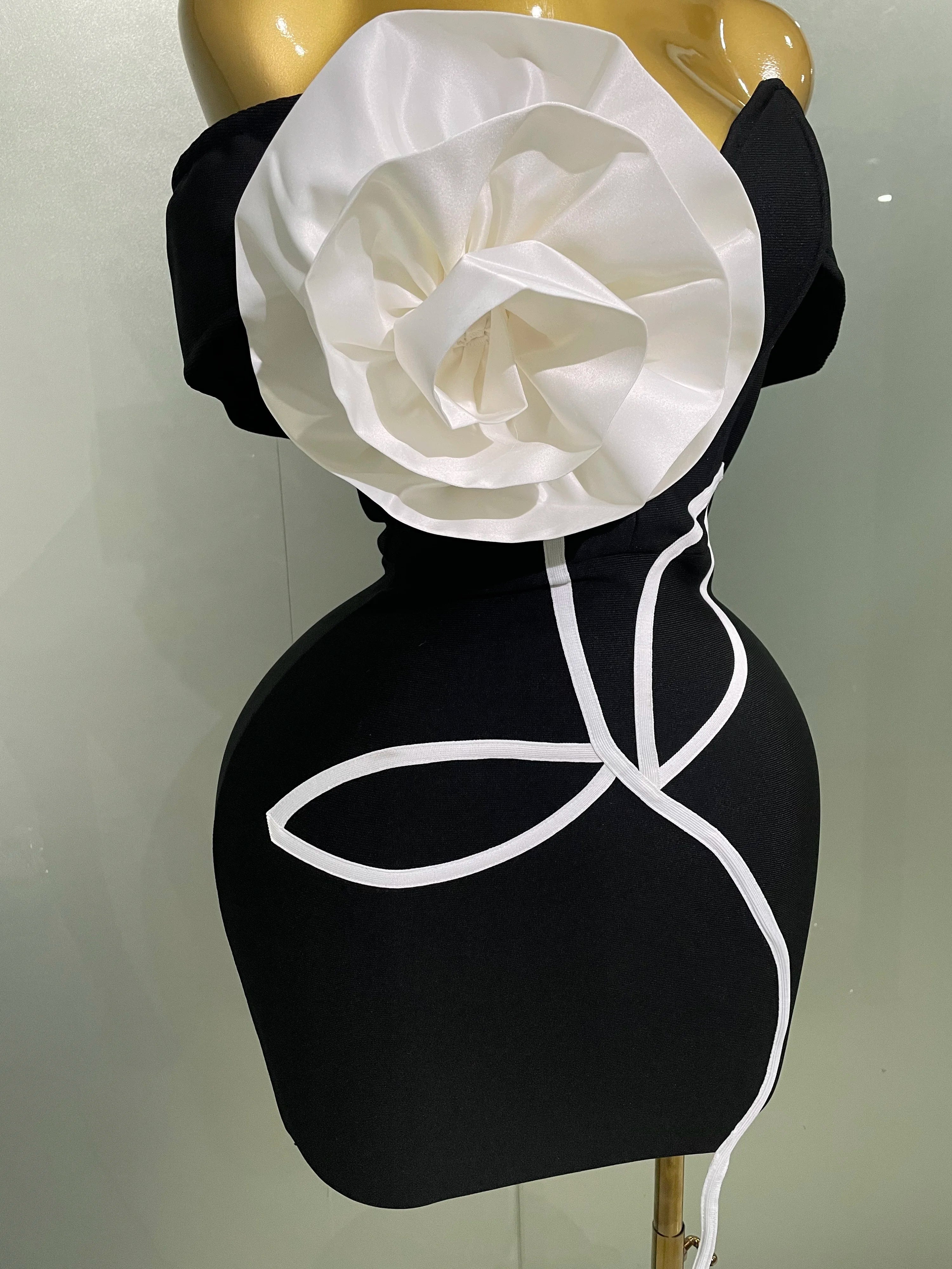 Women  Sexy Off Shoulder White Flower Black Mini Bodycon Bandage Dress Luxury Celebrity Evening Club Elegant Party Gowns