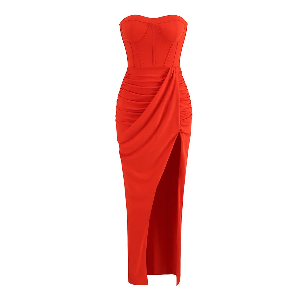 Summer Women Sexy Strapless Bodycon Mid-calf Bodycon High Split Dress Fashion Wedding Mermaid Celebrate Party Dress