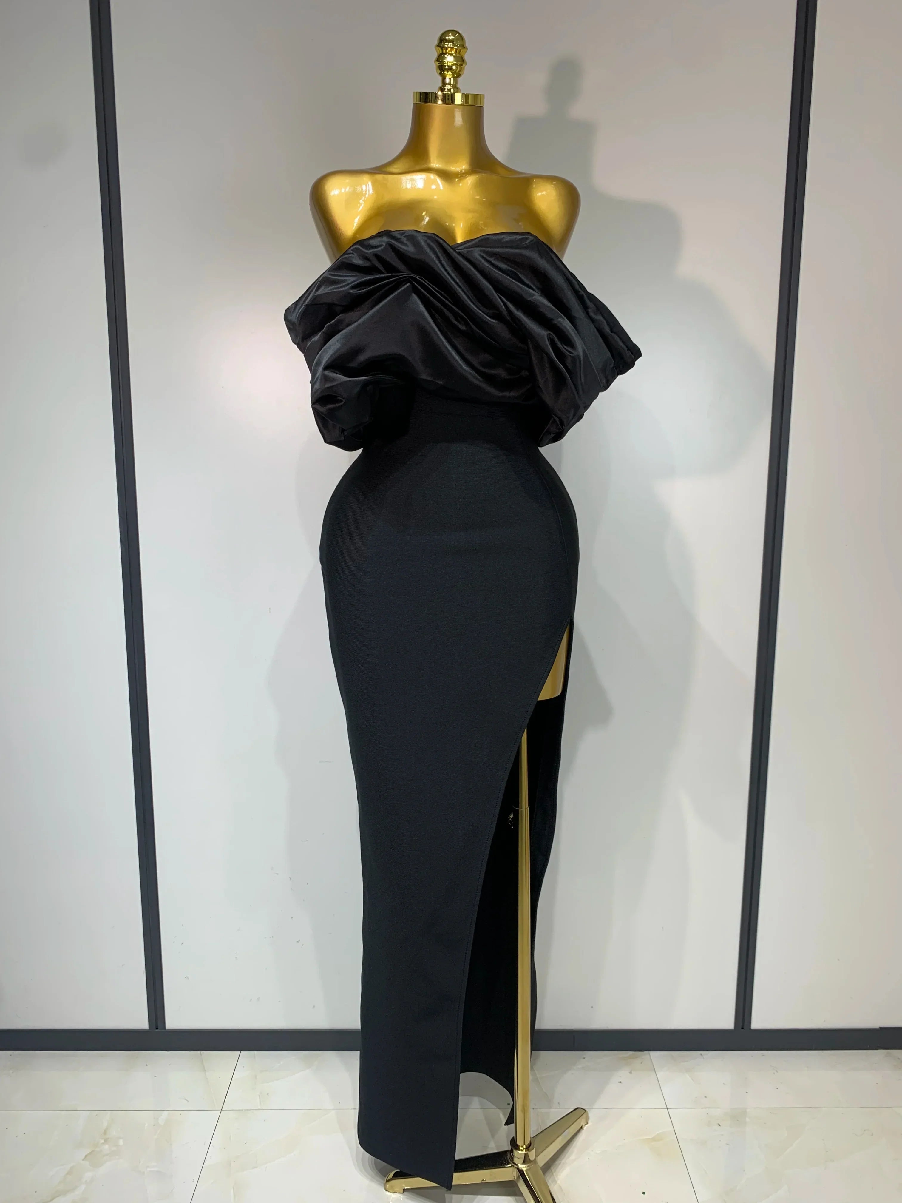 Sexy Off Shoulder Satin Patchwork Ruched Bodycon Bandage Maxi Dresses Women Elegant Celebrity Evening Party Birthday Dresses black