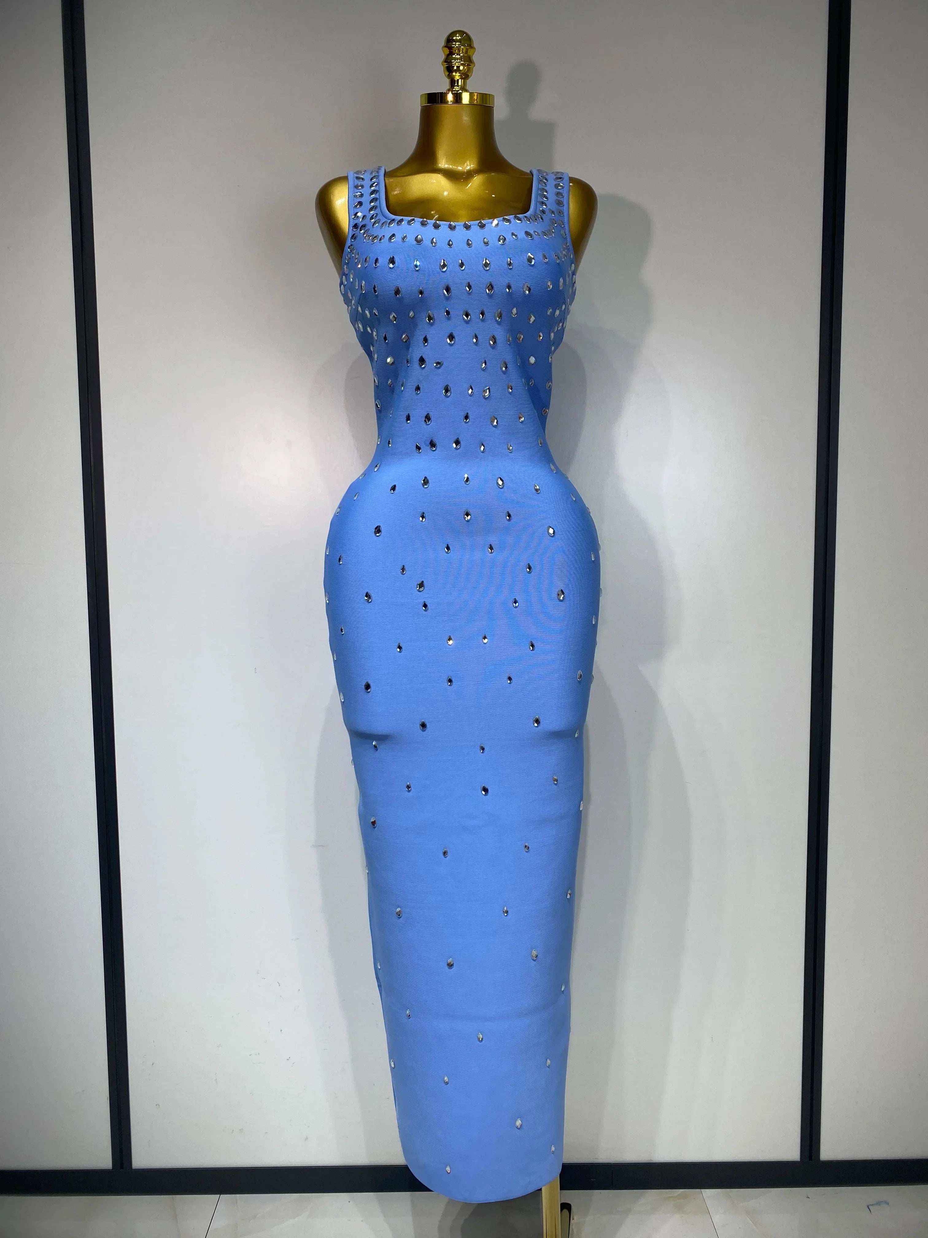 Luxury Rhinestone Bandage Long Dress Elastic Sleeveless Bodycon High Street Evening Club Party Elegant Birthday Prom Gowns SKY BLUE