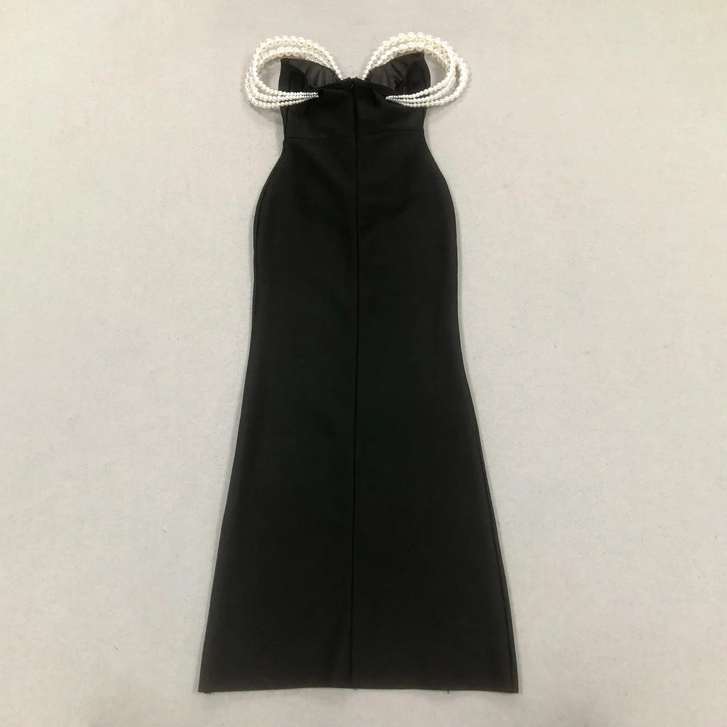 Arrival Women Sexy Strapless Big Pearl Beading Bodycon Long Bandage Dress Celebrate Evening Party Red Carpet Fashion Outfit