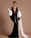 Black Lace Patchwork Sequins Sexy V-Neck Mermaid Floor Length Dress Fashion Woman Party Dress Celebrity banquet Outfit black