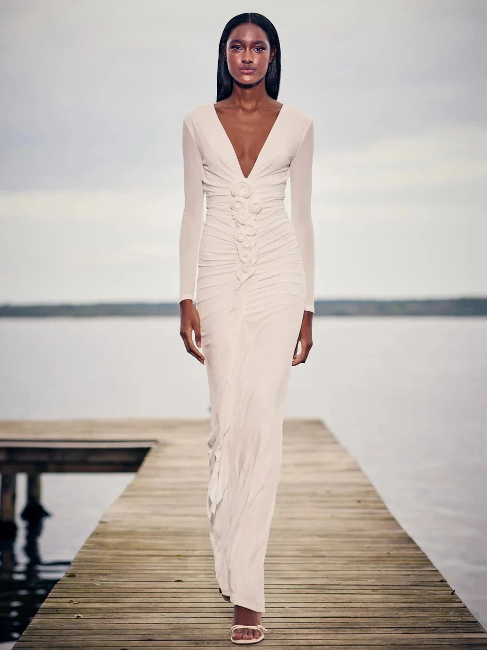 Modphy Sexy V-neck splicing 3D Flower Fold Tight Long Dress Women Long sleeves Solid White Party Evening Wedding Gowns