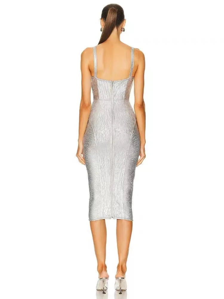 Foil Silver Color Women Sleeveless Sexy Strap Square Collar Bodycon Midi Bandage Dress Celebrate Nightclub Party Dress Vestido