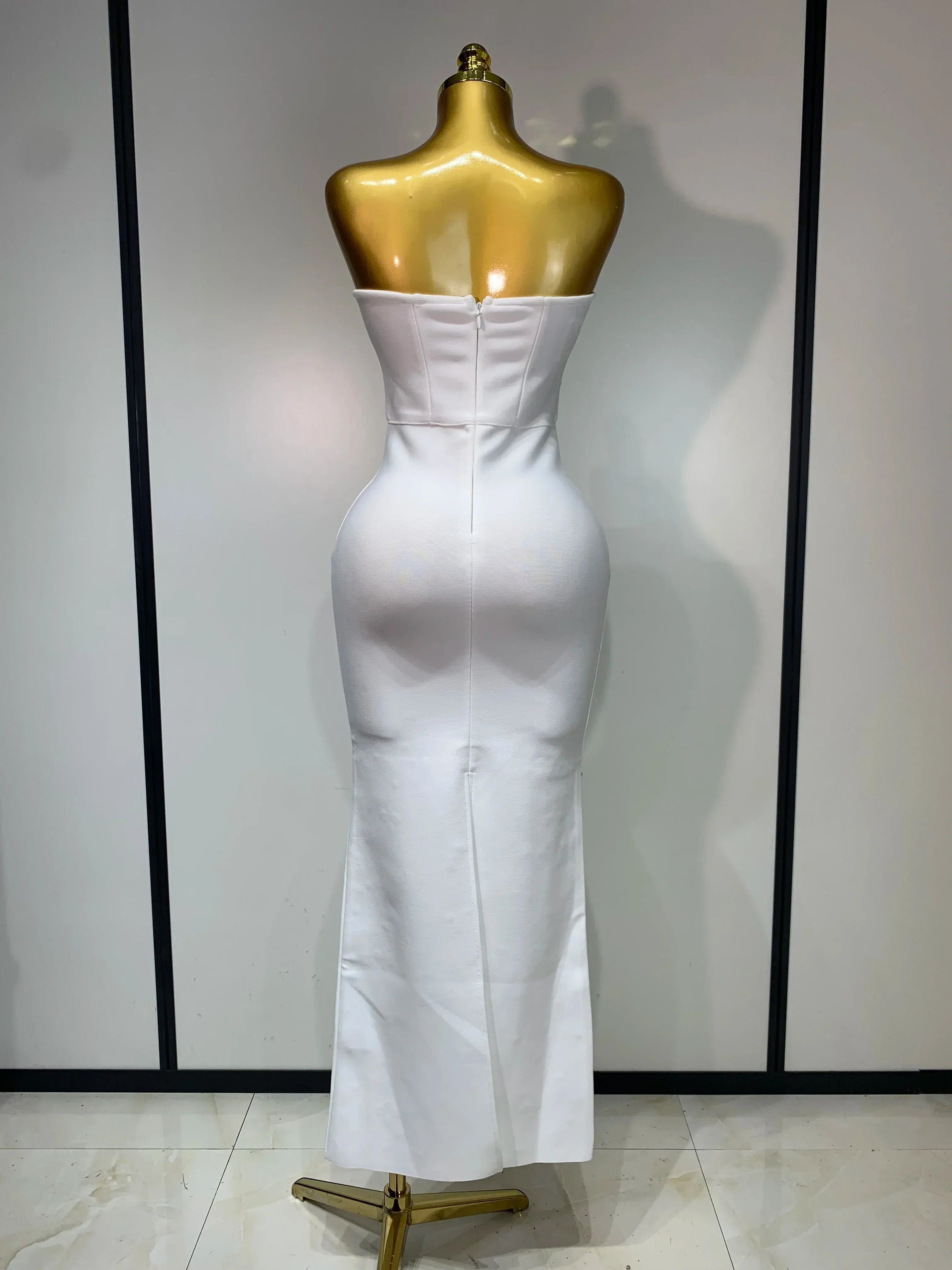 Luxury Rhinestone Sexy Strapless Backless Long Bodycon Bandage Dress   White Elegant Evening Party Birthday Club Dress
