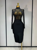 Celebrity Sexy Turtleneck Rhinestones Black Mesh Bodycon Bandage Dress Women Elegant Evening Club Luxury Birthday Dress black