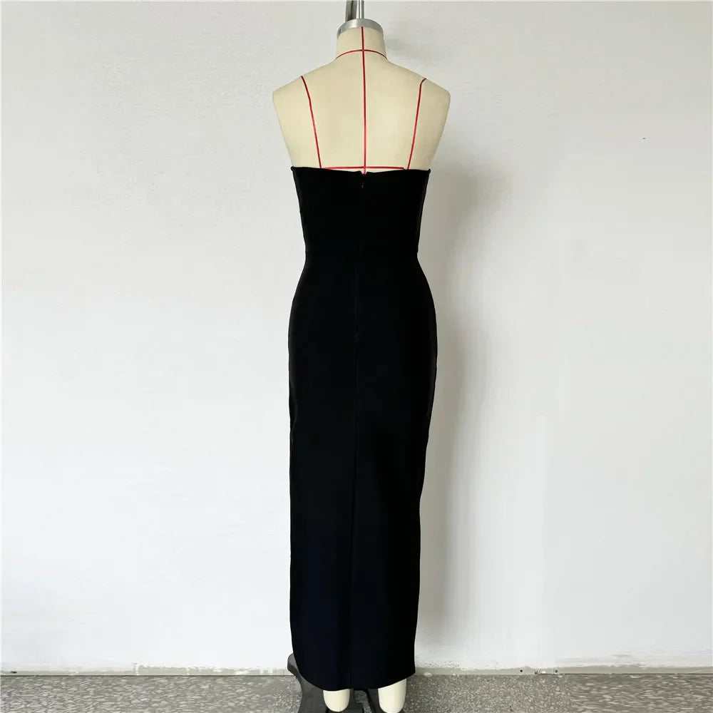 Women Sexy Strapless Shinning Crystal Bodycon Bandage Long Dress Celebrate Evening Party Red Carpet Outfit Vestido
