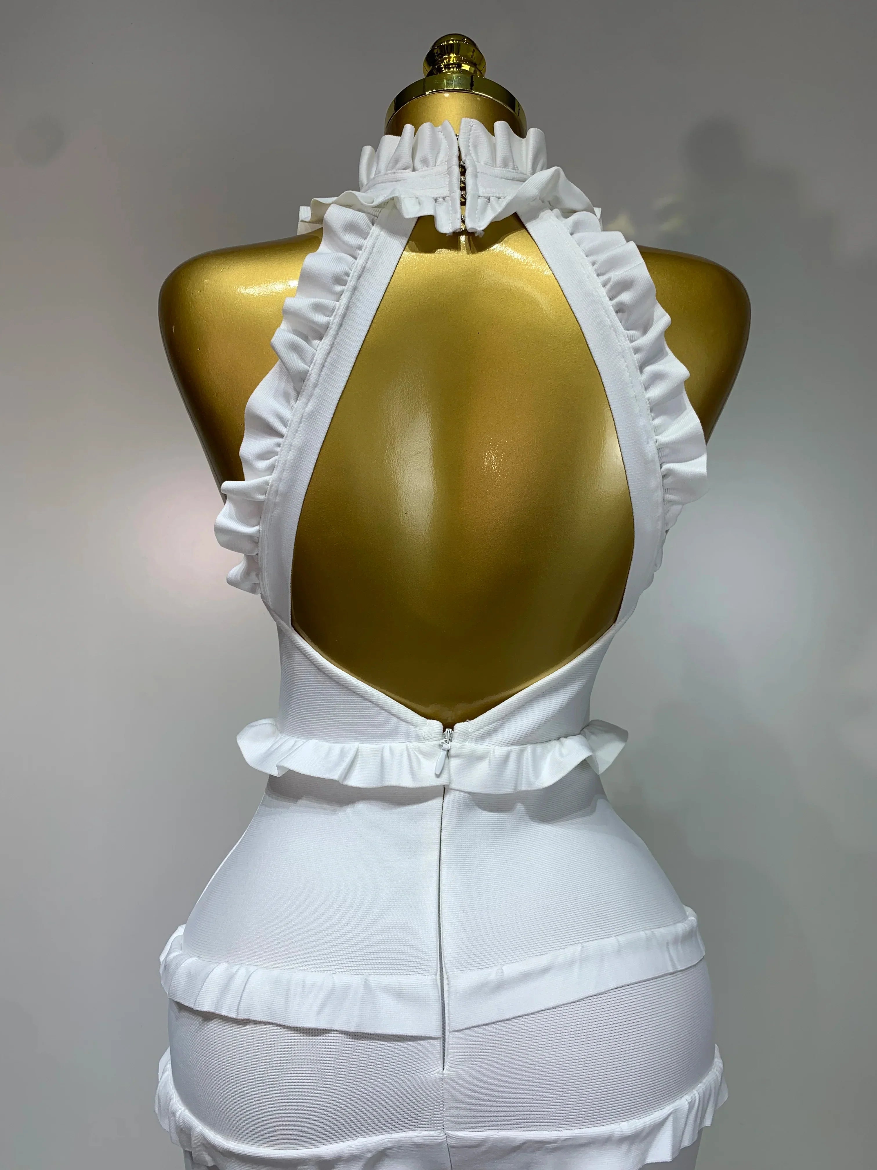New High quality White Elagant Retro Ruched High Collar Bodycon Bandage Dress Evening Party Fashion Simple Birthday Gown
