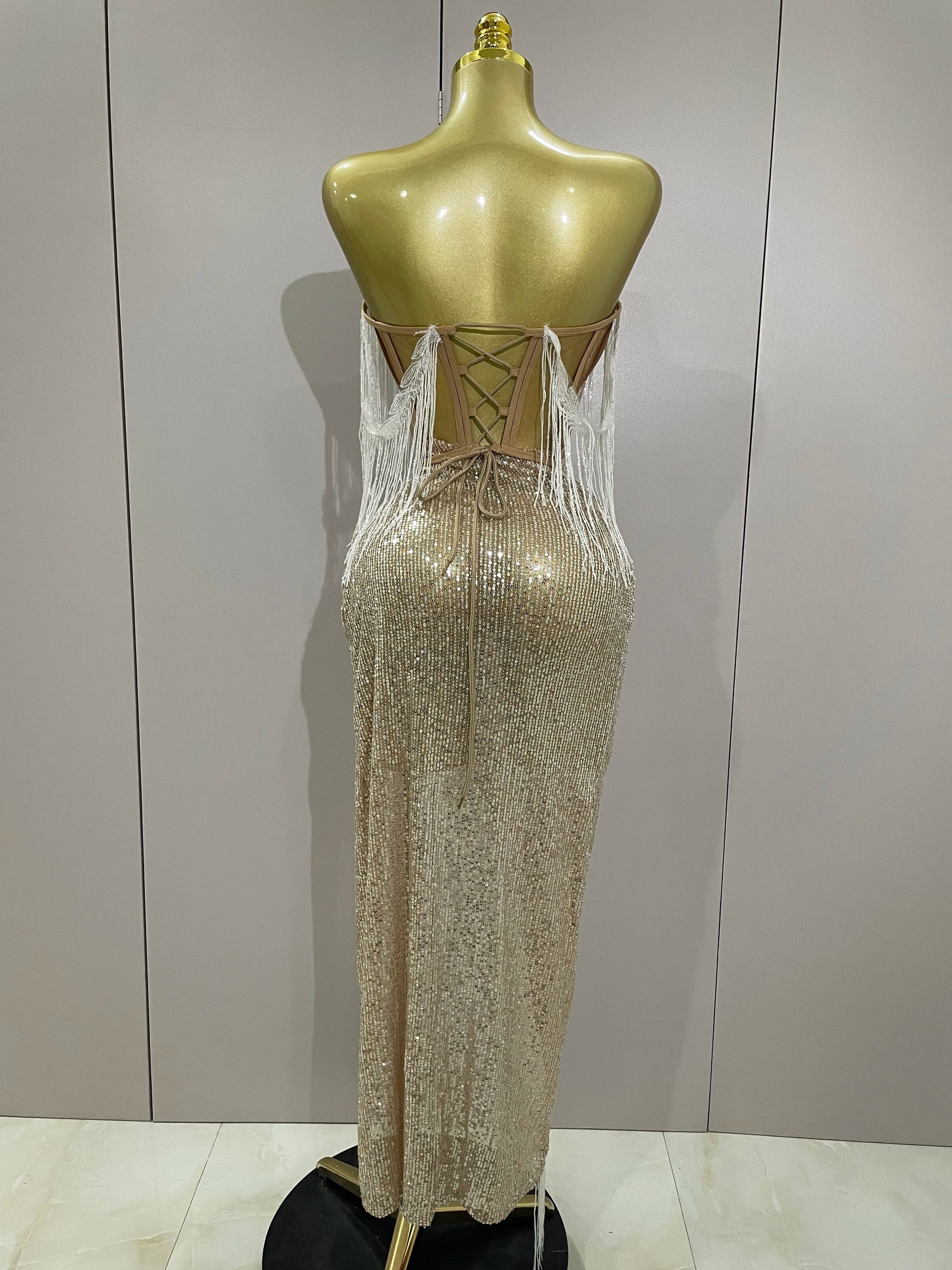 Sexy Luxury Sparkly Sequin Tassel Two Piece Set  Women Evening Party Birthday Singer Performan Costume Nightclub Girl Outfit