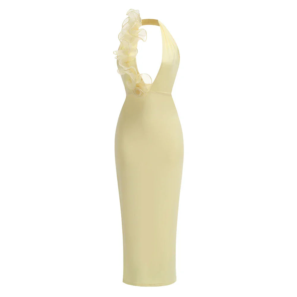 Celebrity Fashion Birthday Party Cocktail Dress Women Sexy Halter Backless Florals Bodycon Long Outfit Wholesale Yellow
