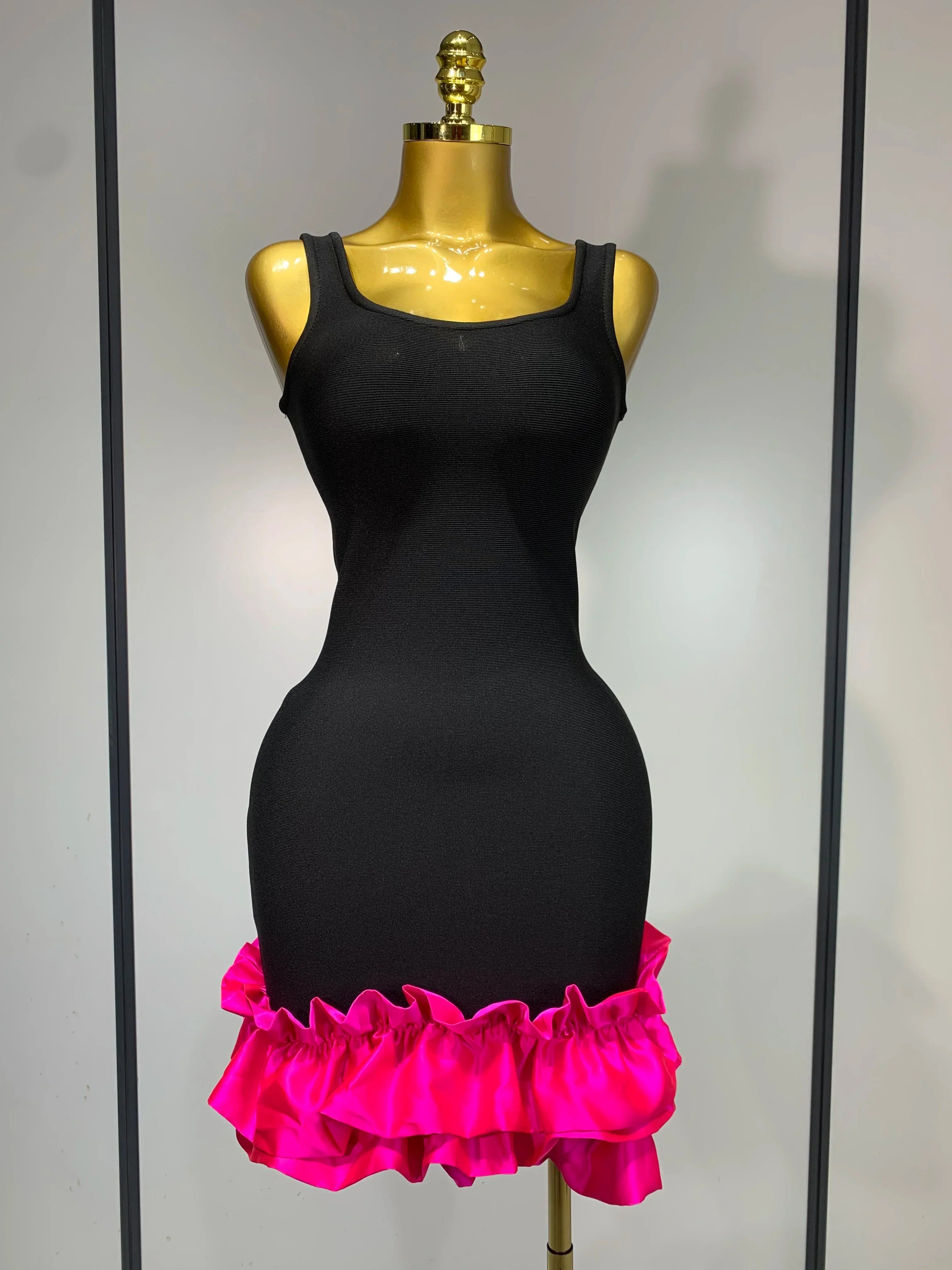 Women Spaghetti Strap Bodycon Short Dress Black Pleated Ruffle Hem Sleeveless Evening Party Cocktail Elegant Birthday Dresses rose red