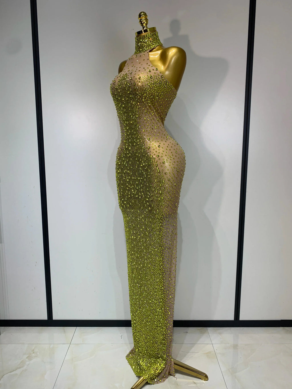 Women Luxury Birthday Celebrate Dress Dancer Party Show Stage Outfit  Sparkly Rhinestone Elastic Mesh See Through Long Dress