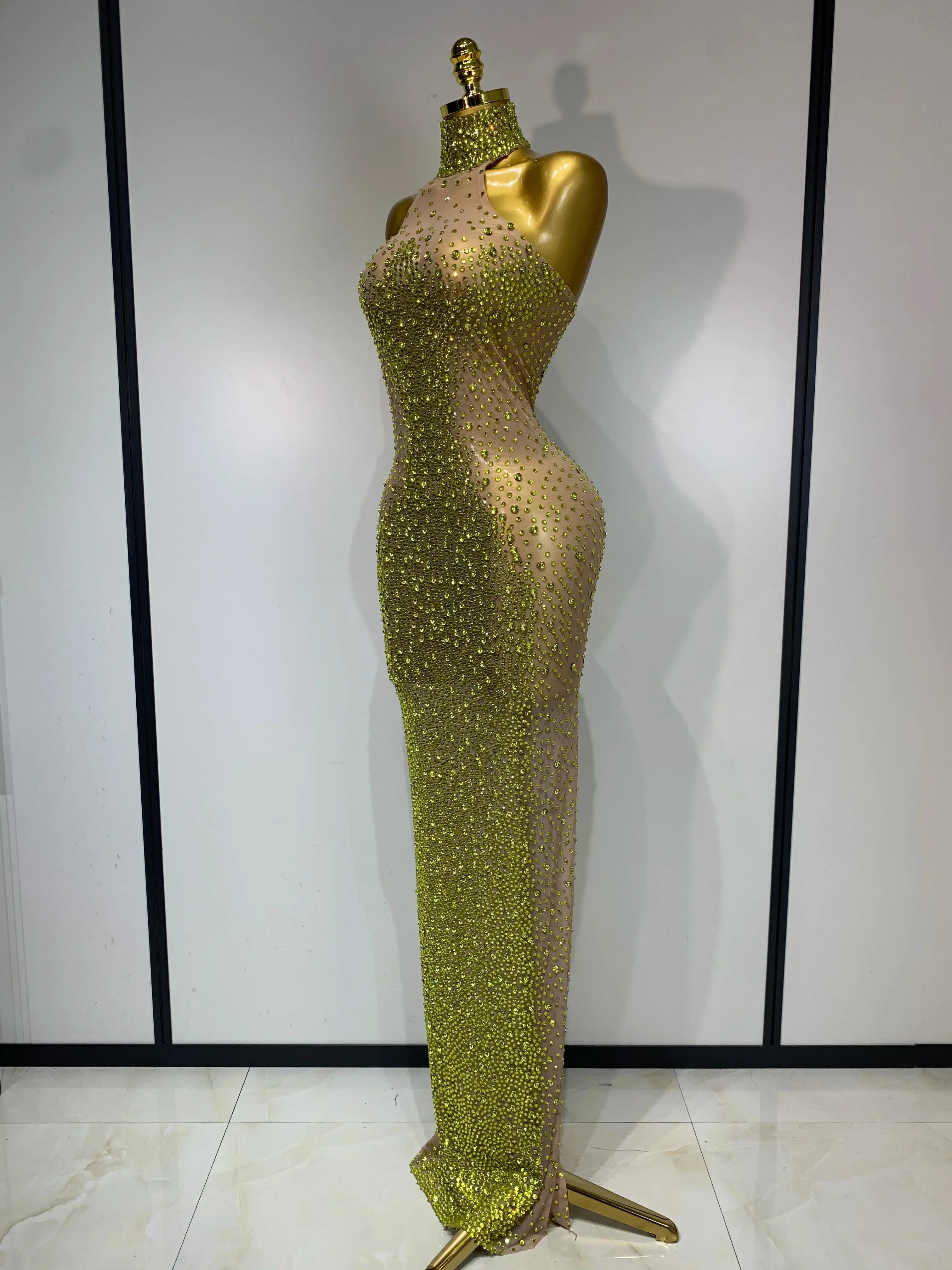 Women Luxury Birthday Celebrate Dress Dancer Party Show Stage Outfit  Sparkly Rhinestone Elastic Mesh See Through Long Dress