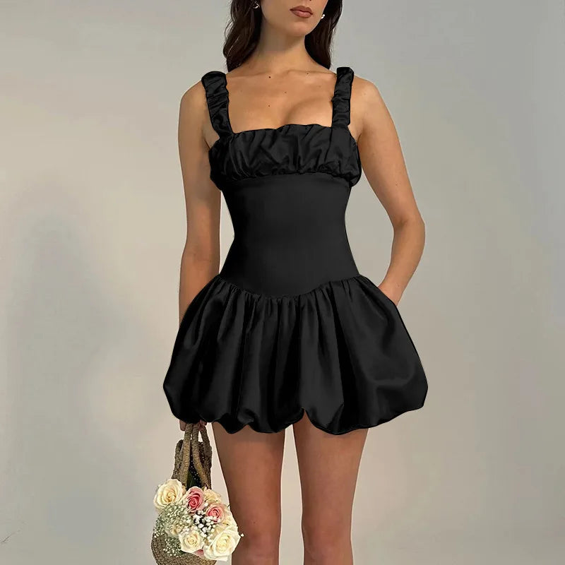 Pleated Fluffy Backless Strap Mini Summer Dress