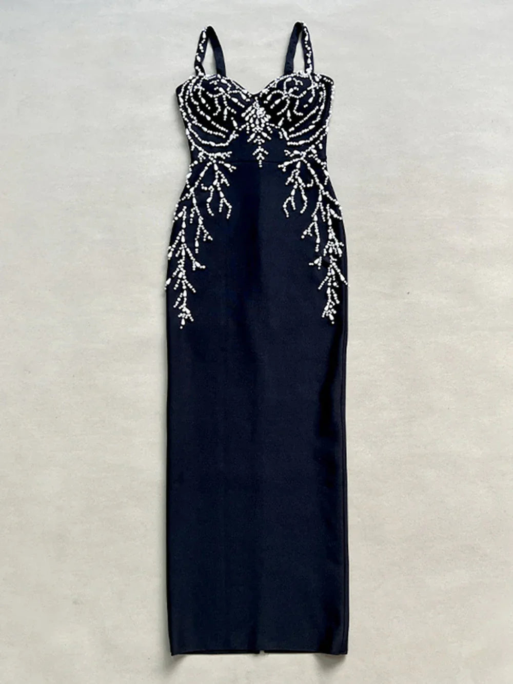 Ladies Diamond Beads Spaghetti Strap Backless Design Celebrity Evening Club Black Sleeveless Sexy Maxi Bandage Dress Vestidos