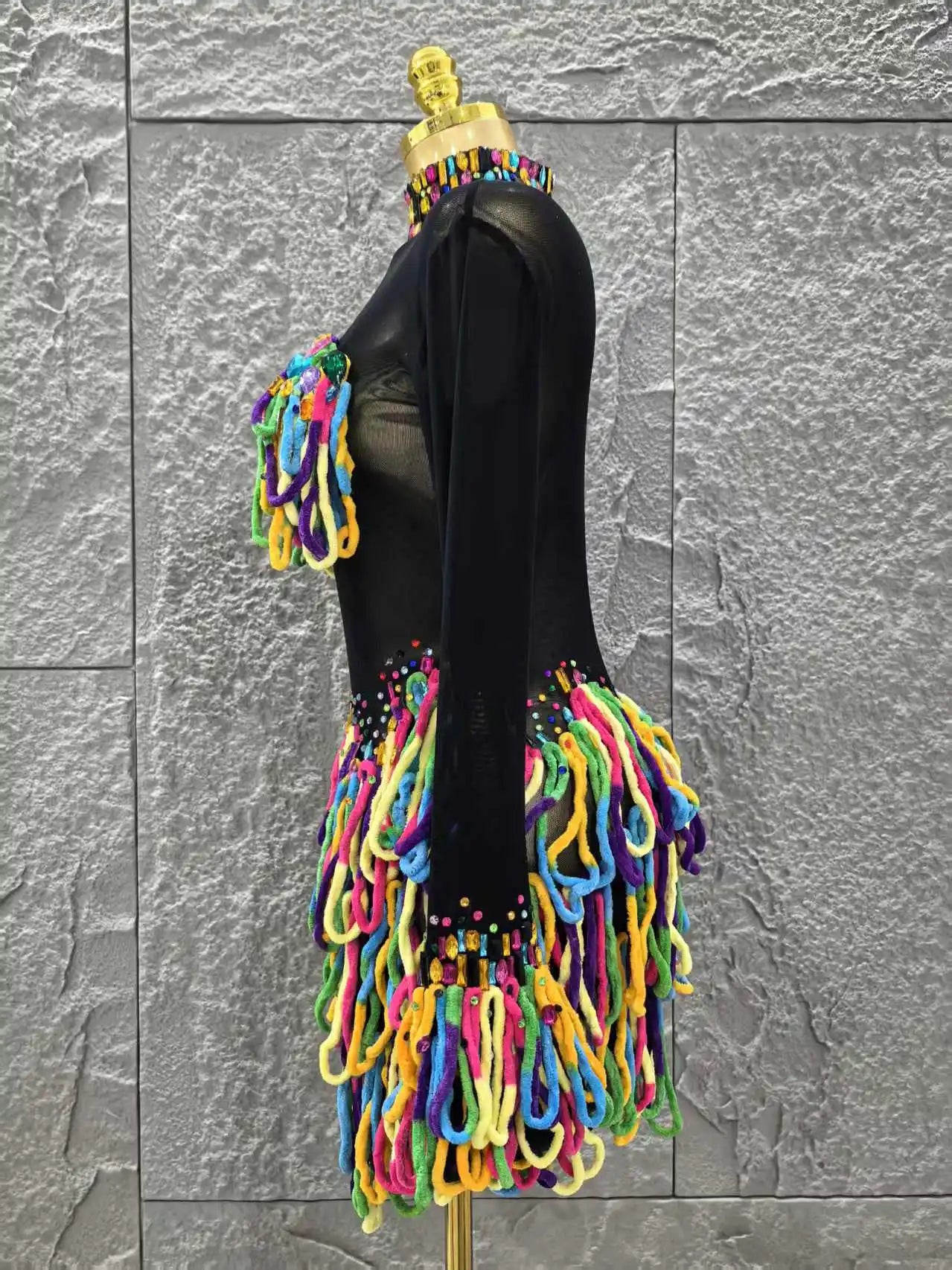 Black Color Women Long Sleeve Sexy Mesh See Through Bodycon Mini Dress Colorful Tassels Nightclub Party Performance Stage Wear